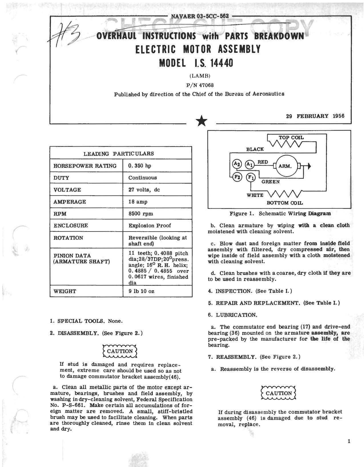 Sample page 1 from AirCorps Library document: Overhaul Instructions with Parts Breakdown for Electric Motor Assembly - Model I.S. 14440 