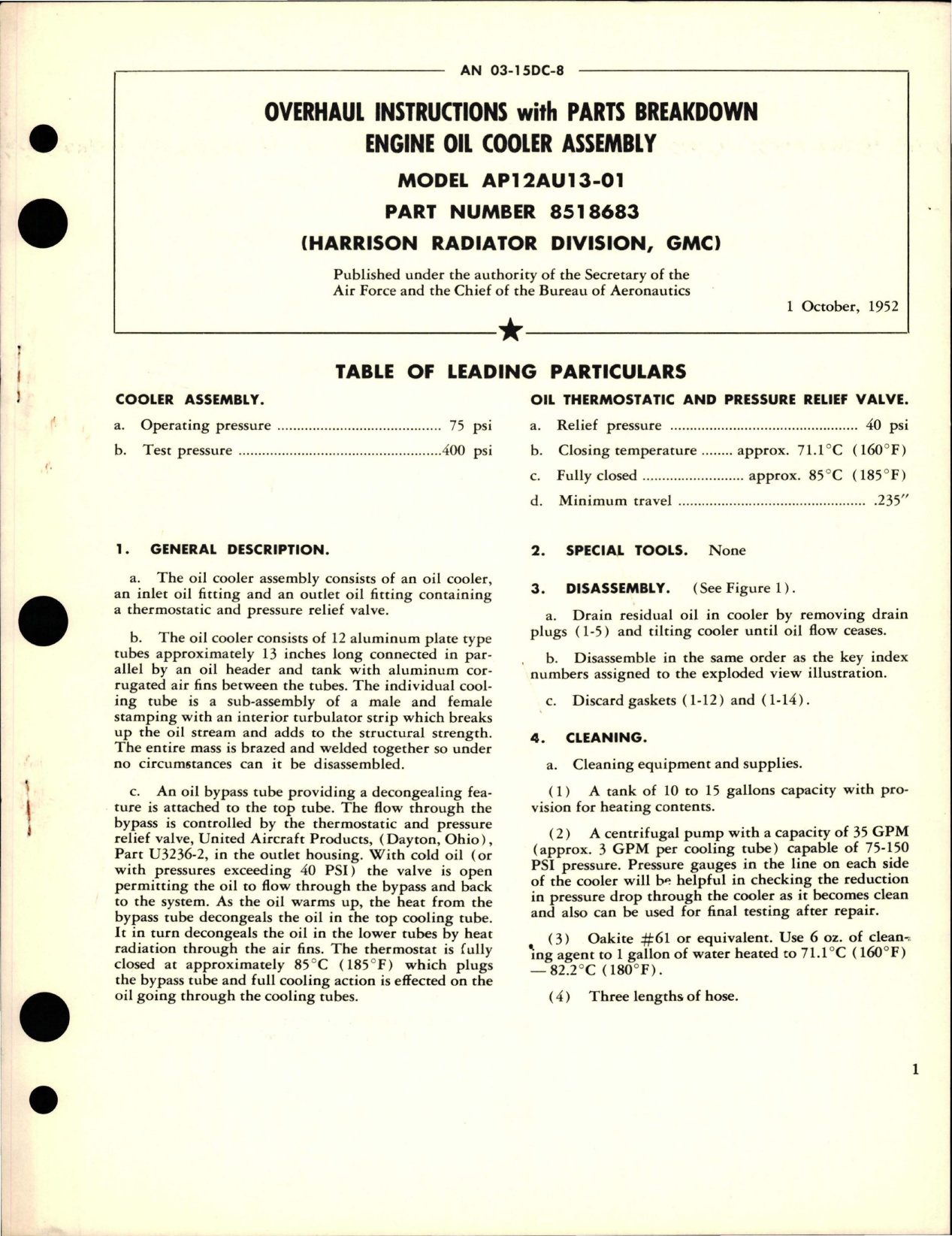 Sample page 1 from AirCorps Library document: Overhaul Instructions with Parts for Engine Oil Cooler Assembly - Model AP12AU13-01 - Part 8518683