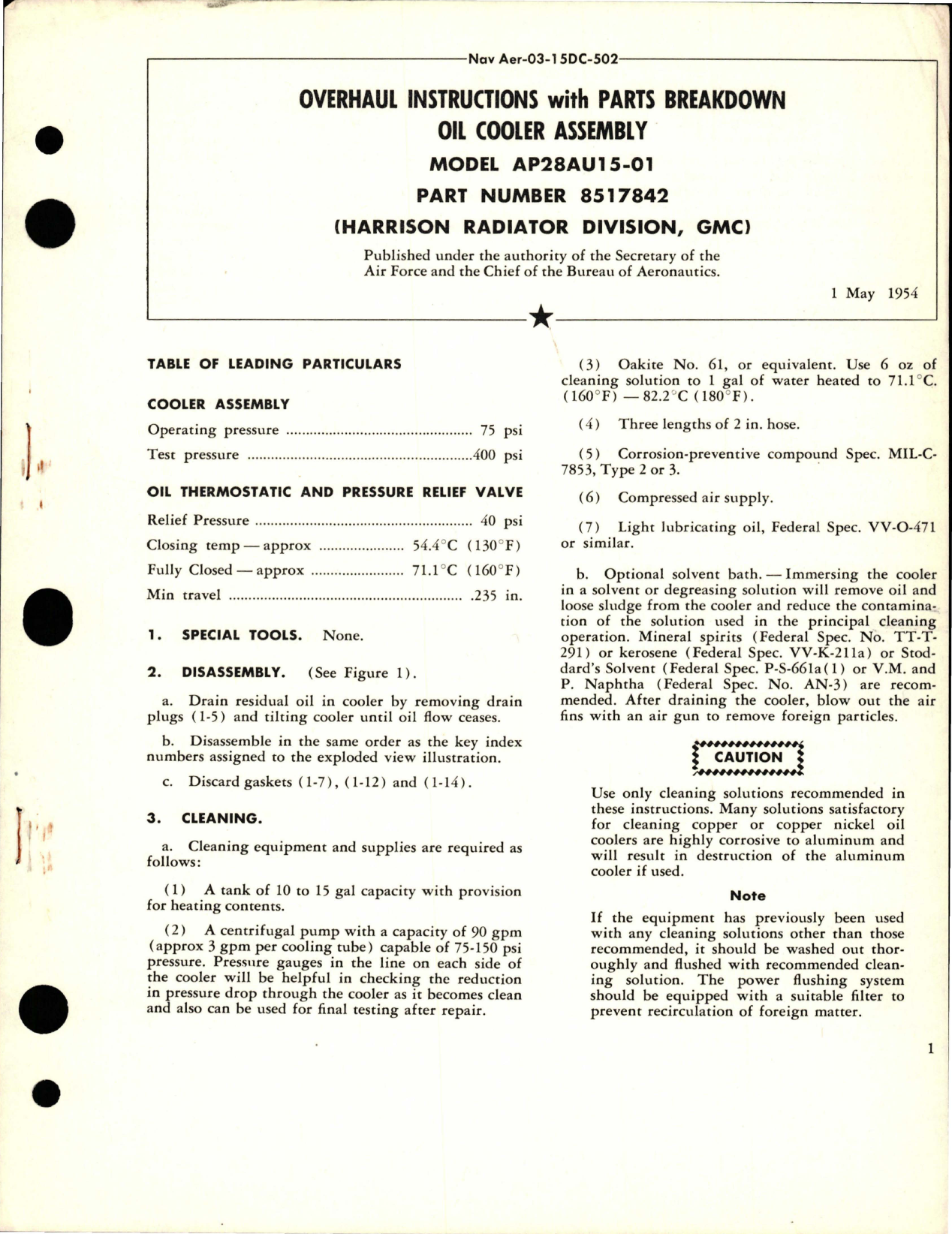 Sample page 1 from AirCorps Library document: Overhaul Instructions with Parts for Oil Cooler Assembly - Model AP28AU15-01 - Part 8517842