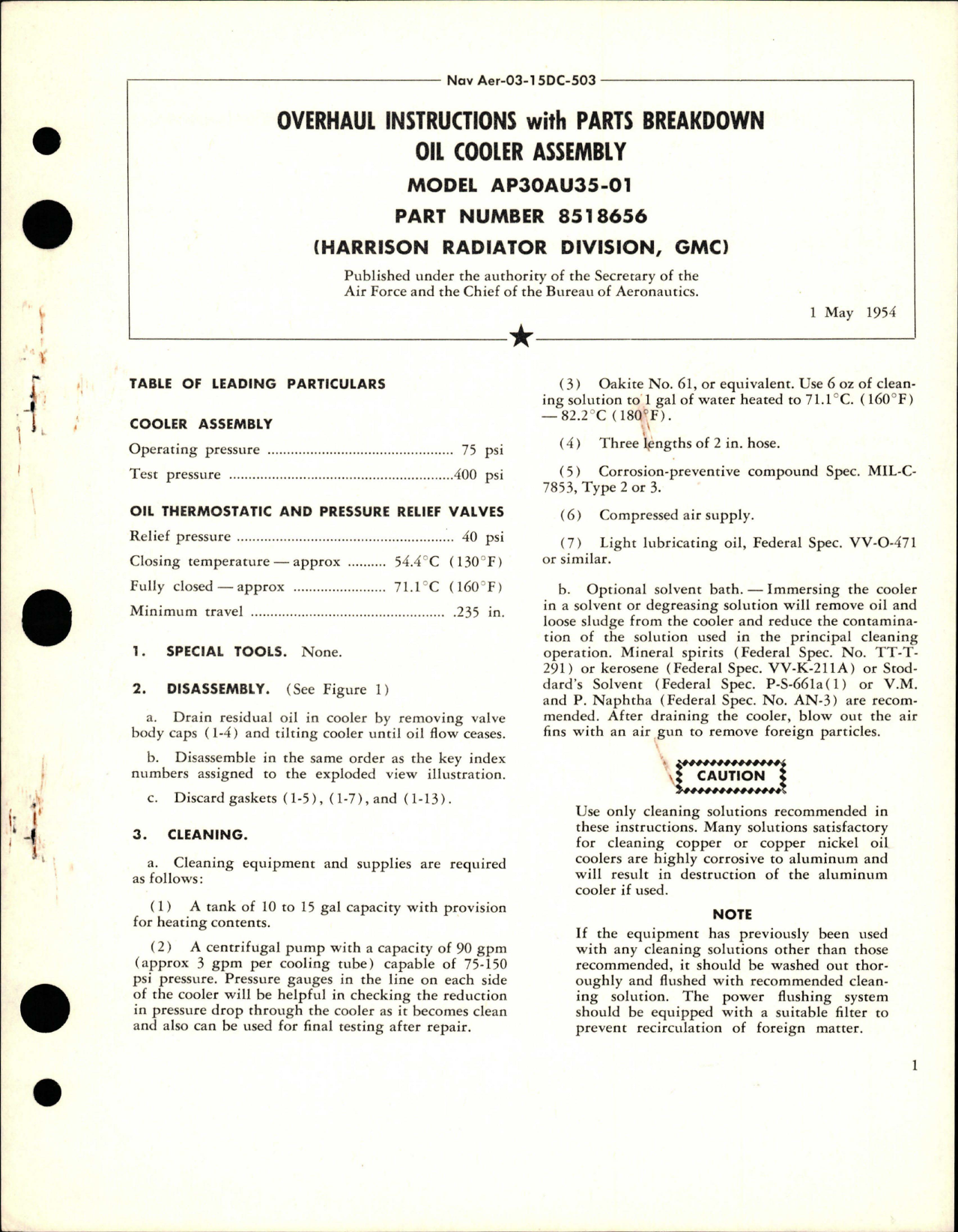 Sample page 1 from AirCorps Library document: Overhaul Instructions with Parts for Oil Cooler Assembly - Model AP30AU35-01 - Part 8518656