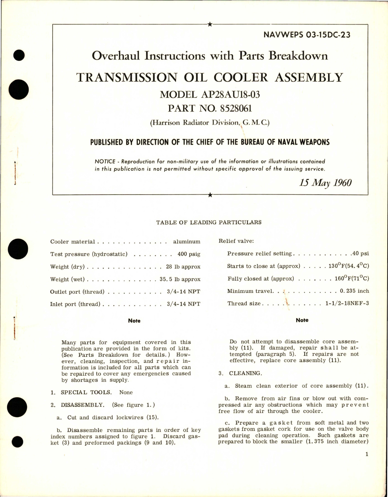 Sample page 1 from AirCorps Library document: Overhaul Instructions with Parts Breakdown for Transmission Oil Cooler Assembly - Model AP28AU18-03 - Part 8528061