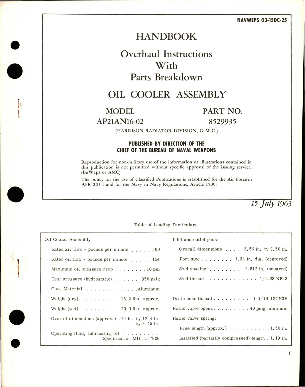 Sample page 1 from AirCorps Library document: Overhaul Instructions with Parts Breakdown for Oil Cooler Assembly - Model AP21AN16-02 - Part 8529935