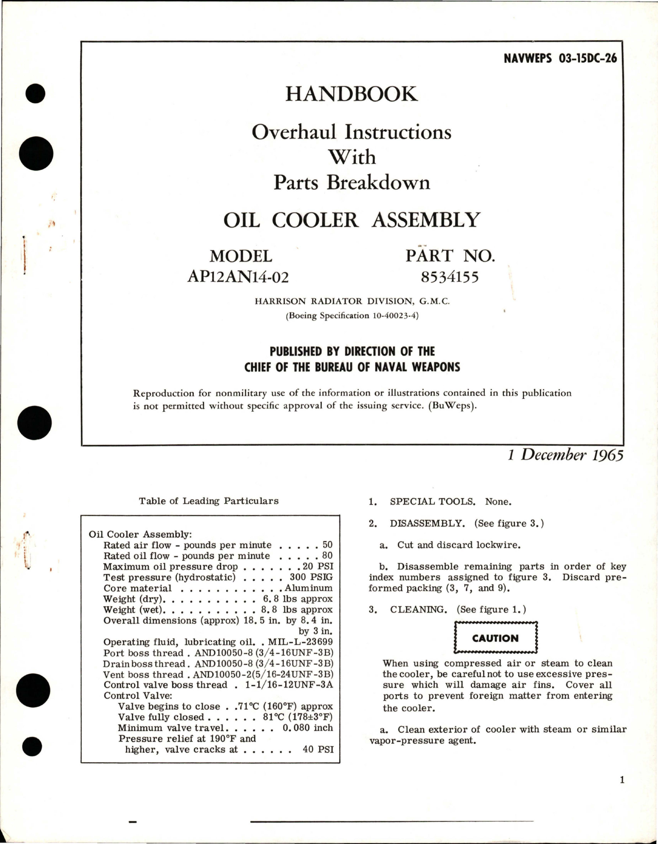 Sample page 1 from AirCorps Library document: Overhaul Instructions with Parts Breakdown for Oil Cooler Assembly - Model AP12AN14-02 - Part 8534155