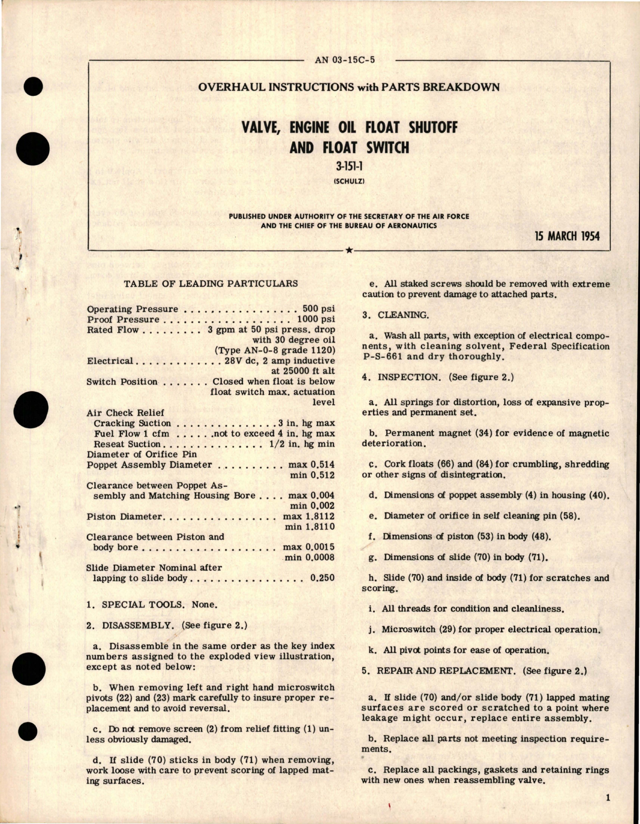Sample page 1 from AirCorps Library document: Overhaul Instructions with Parts Breakdown for Engine Oil Float Shutoff and Float Switch Valve - 3-151-1