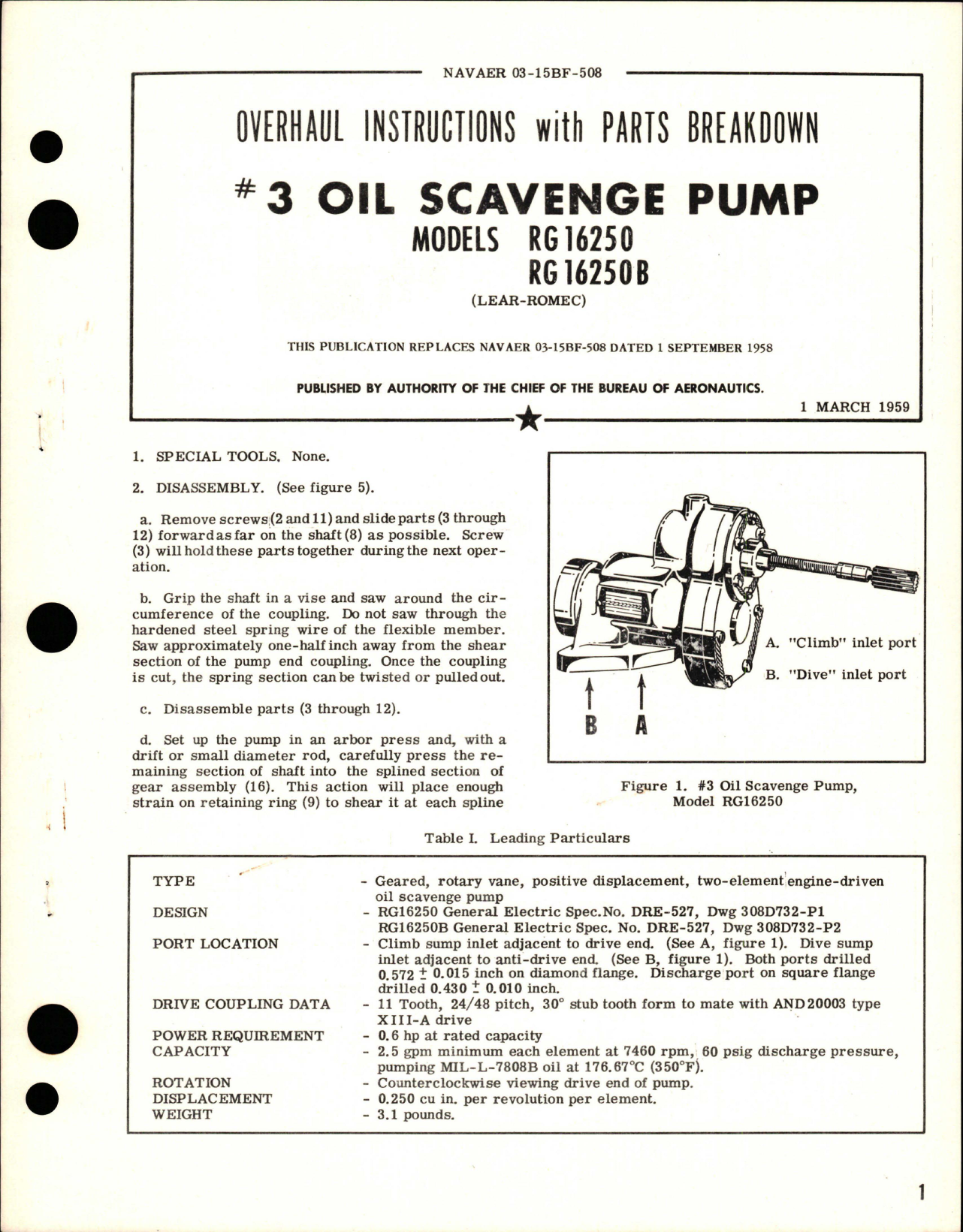 Sample page 1 from AirCorps Library document: Overhaul Instructions with Parts Breakdown for Oil Scavenge Pump - No. 3 - Models RD16250 and RG16250B