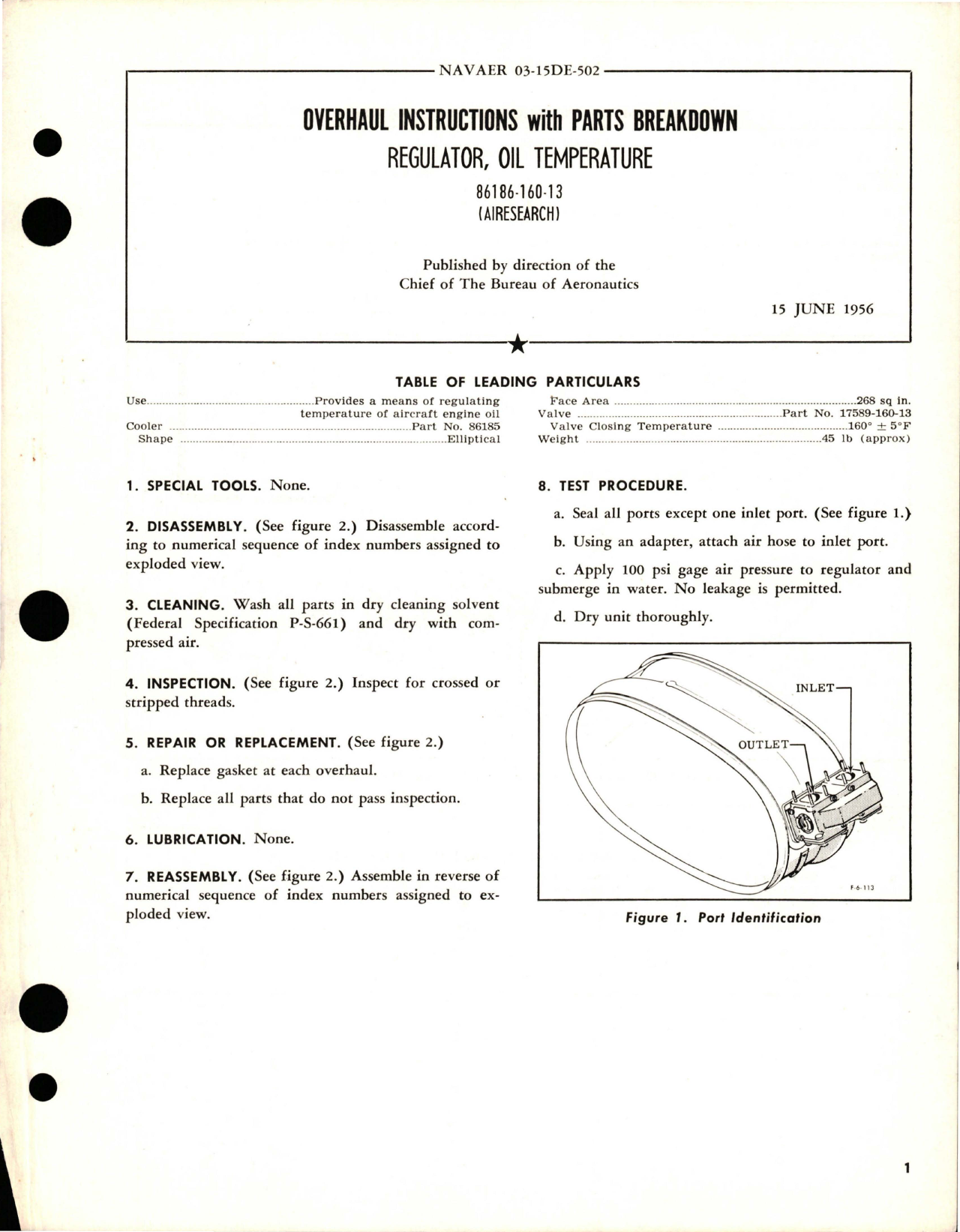 Sample page 1 from AirCorps Library document: Overhaul Instructions with Parts Breakdown for Oil Temperature Regulator - 86186-160-13