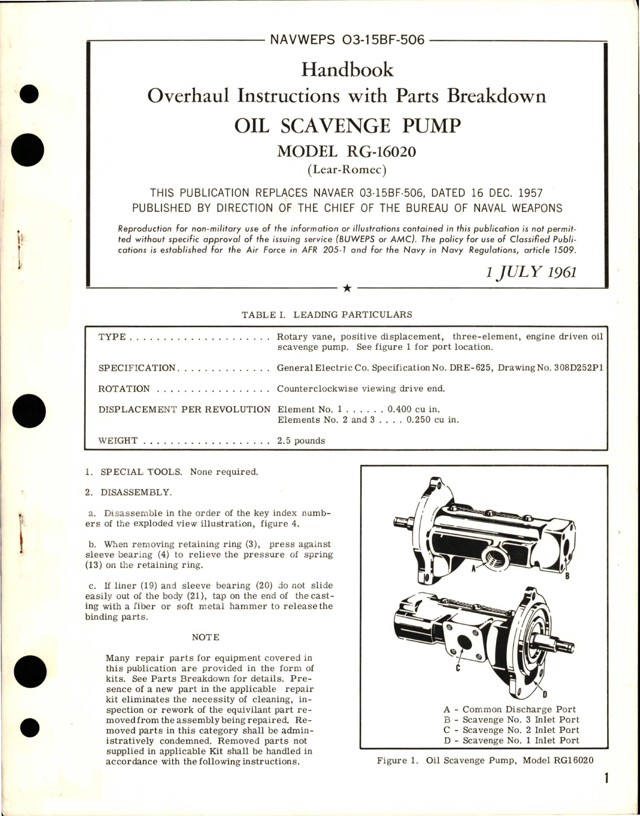 Sample page 1 from AirCorps Library document: Overhaul Instructions with Parts Breakdown for Oil Scavenge Pump - Model RG-16020