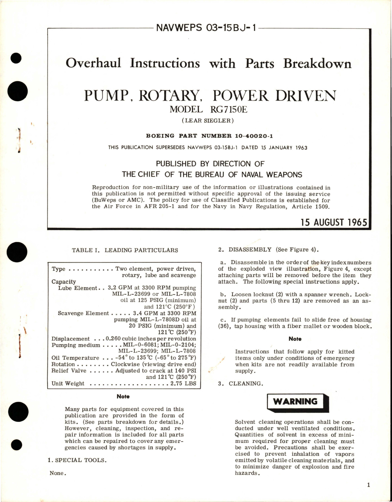 Sample page 1 from AirCorps Library document: Overhaul Instructions with Parts Breakdown for Power Driven Rotary Pump - Model RG7150E 