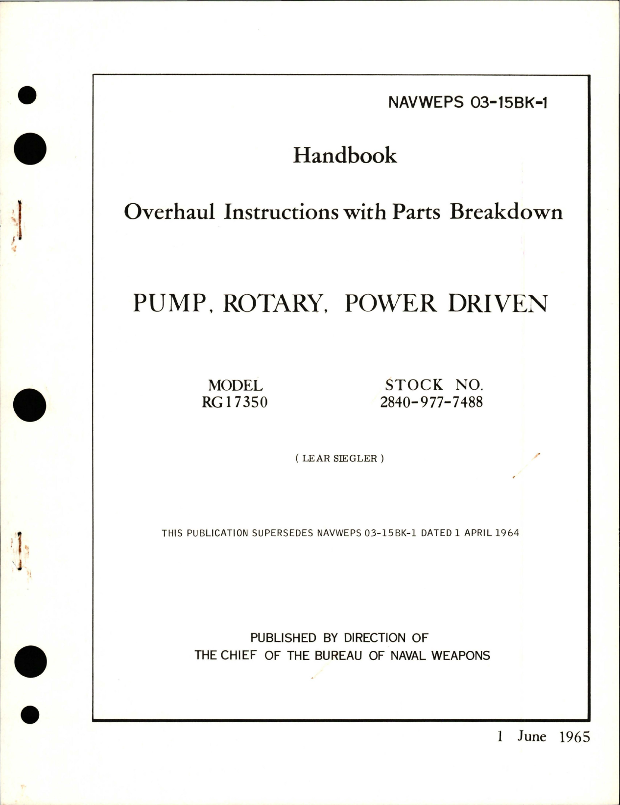 Sample page 1 from AirCorps Library document: Overhaul Instructions with Parts Breakdown for Power Driven Rotary Pump - Model RG17350