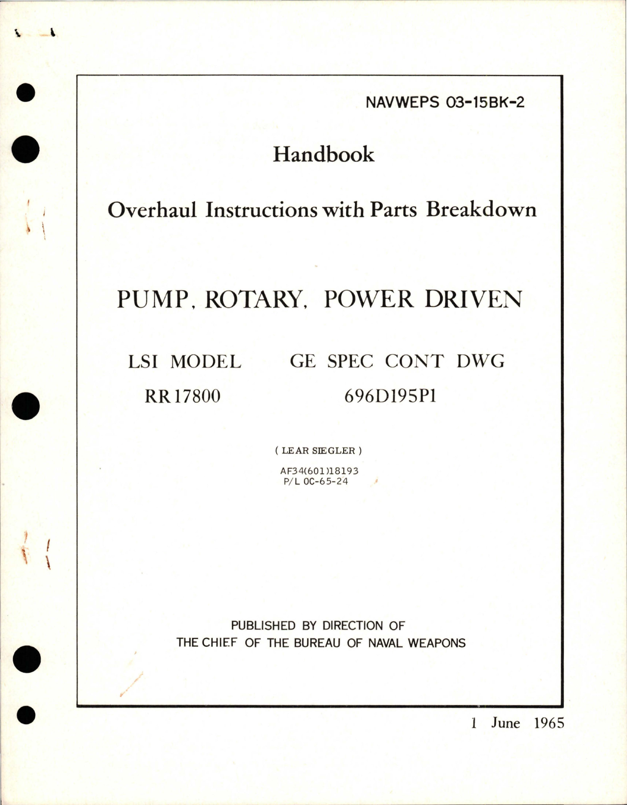 Sample page 1 from AirCorps Library document: Overhaul Instructions with Parts Breakdown for Power Driven Rotary Pump - Model RR17800