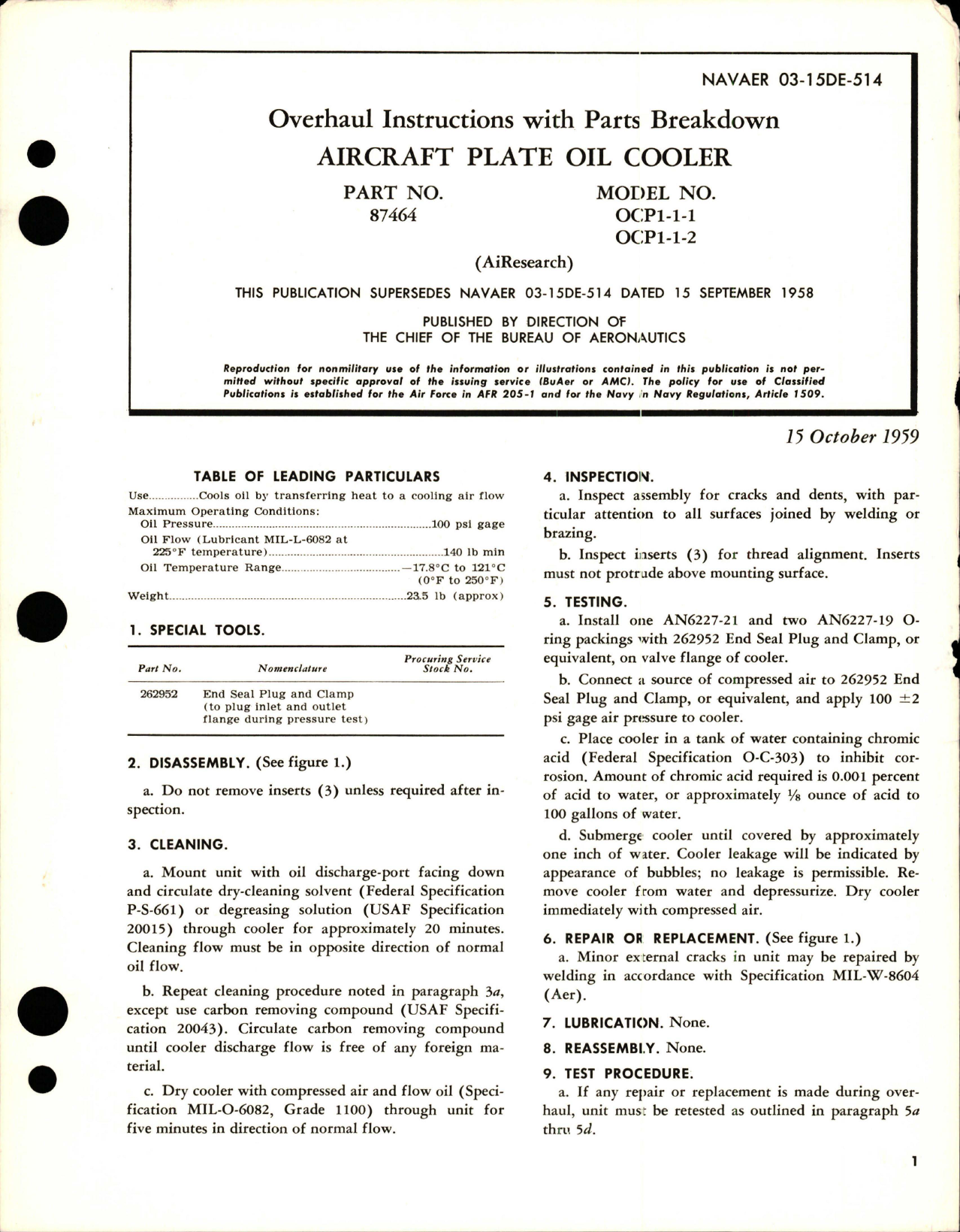 Sample page 1 from AirCorps Library document: Overhaul Instructions with Parts Breakdown for Aircraft Plate Oil Cooler - Part 87464 - Model OCP1-1-1 and OCP1-1-2