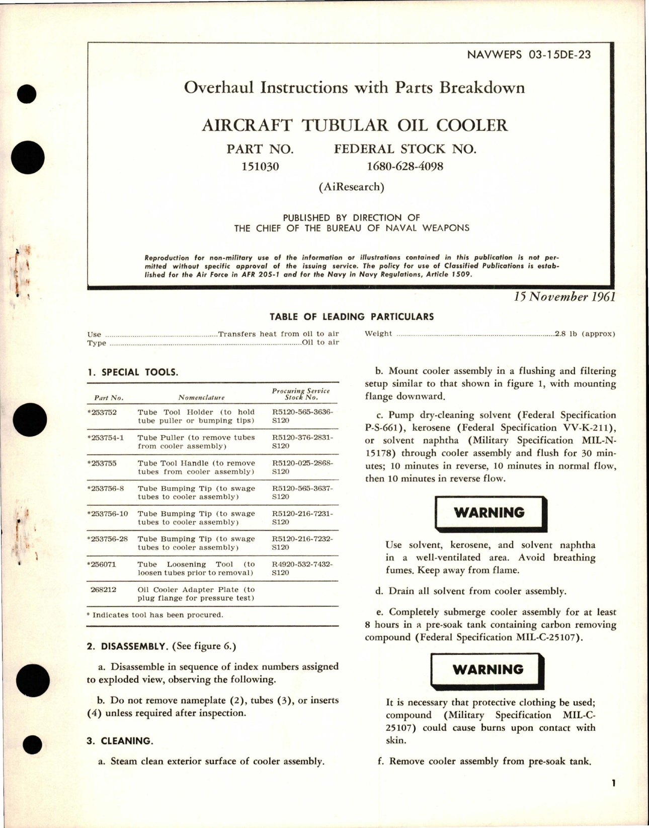 Sample page 1 from AirCorps Library document: Overhaul Instructions with Parts Breakdown for Aircraft Tubular Oil Cooler - Part 151030