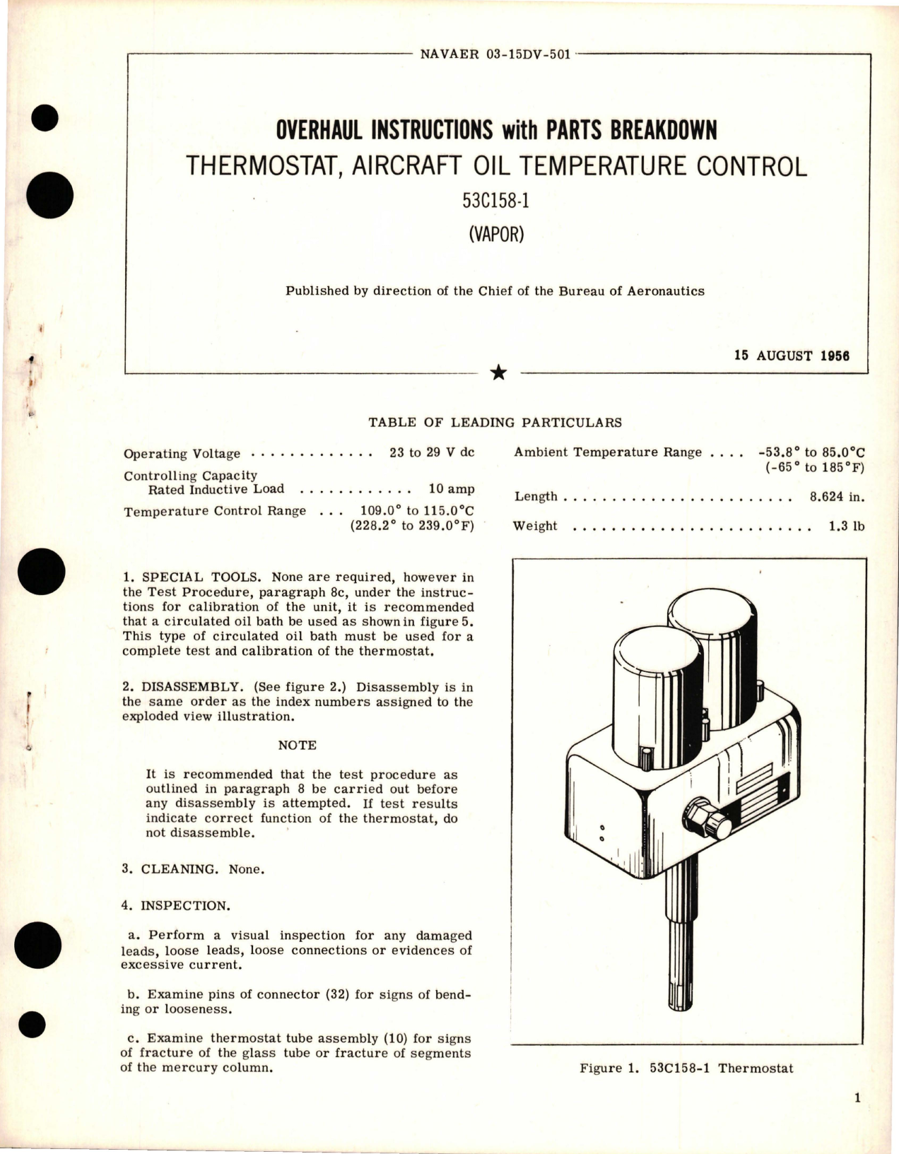 Sample page 1 from AirCorps Library document: Overhaul Instructions with Parts Breakdown for Aircraft Oil Temperature Control Thermostat - 53C158-1