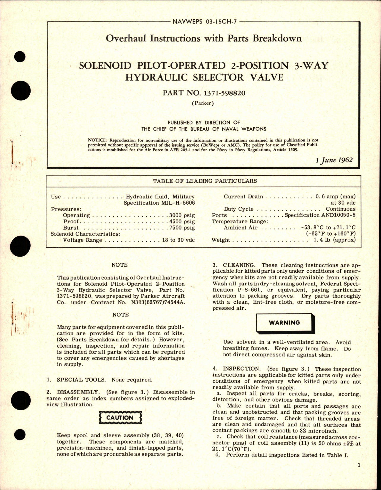 Sample page 1 from AirCorps Library document: Overhaul Instructions with Parts Breakdown for Solenoid Pilot Operated 2 Position 3 Way Hydraulic Selector Valve - Part 1371-598820