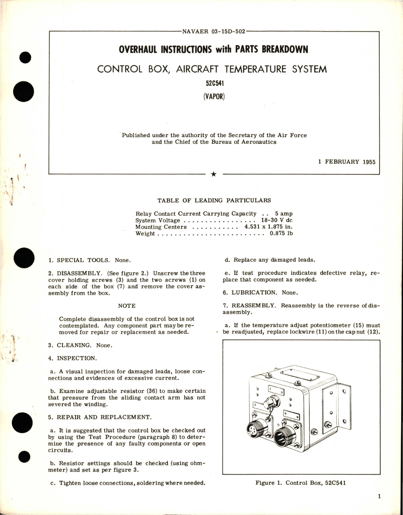 Sample page 1 from AirCorps Library document: Overhaul Instructions with Parts for Aircraft Temperature System Control Box - 52C541