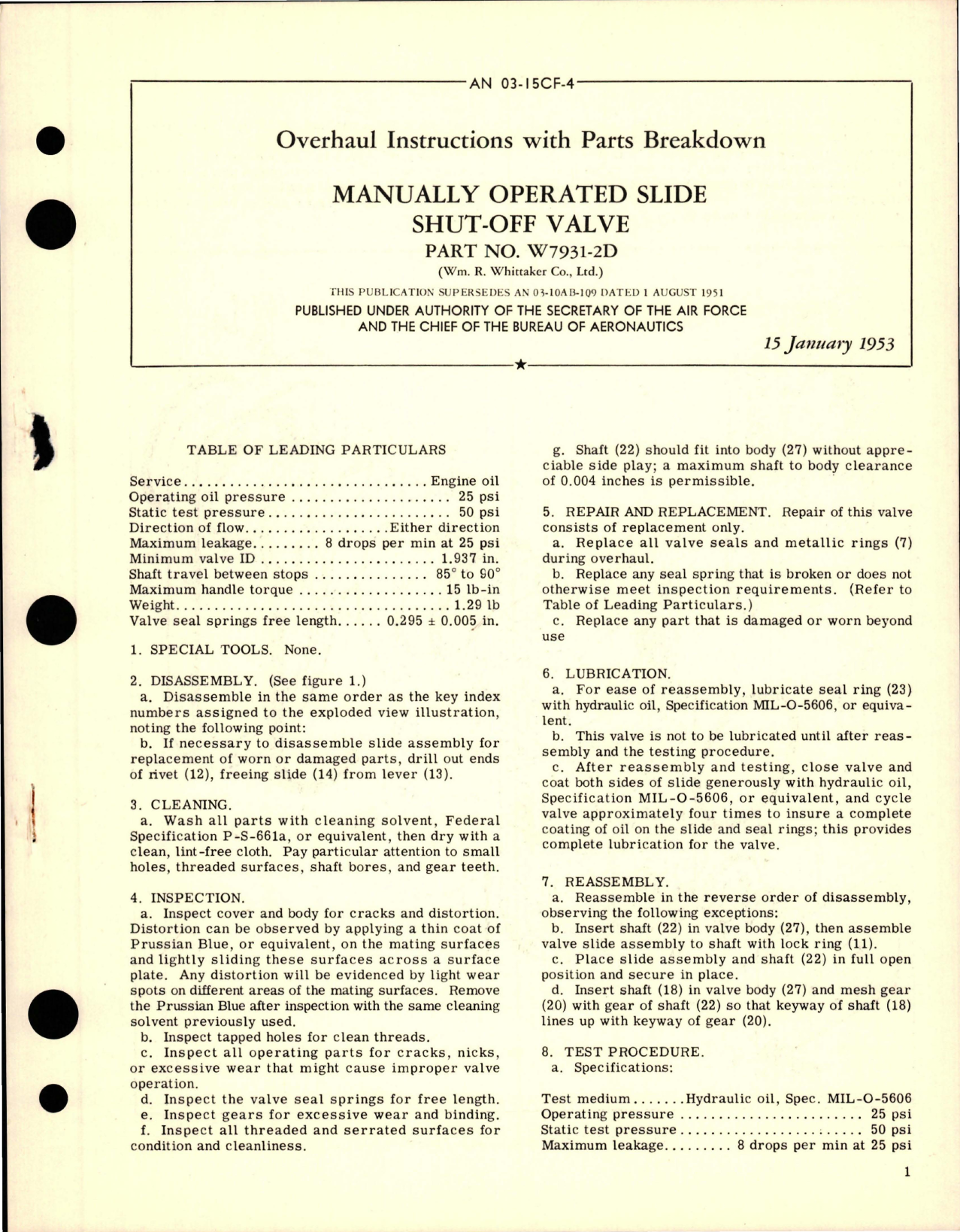 Sample page 1 from AirCorps Library document: Overhaul Instructions with Parts Breakdown for Manually Operated Slide Shut-Off Valve - Part W7931-2D