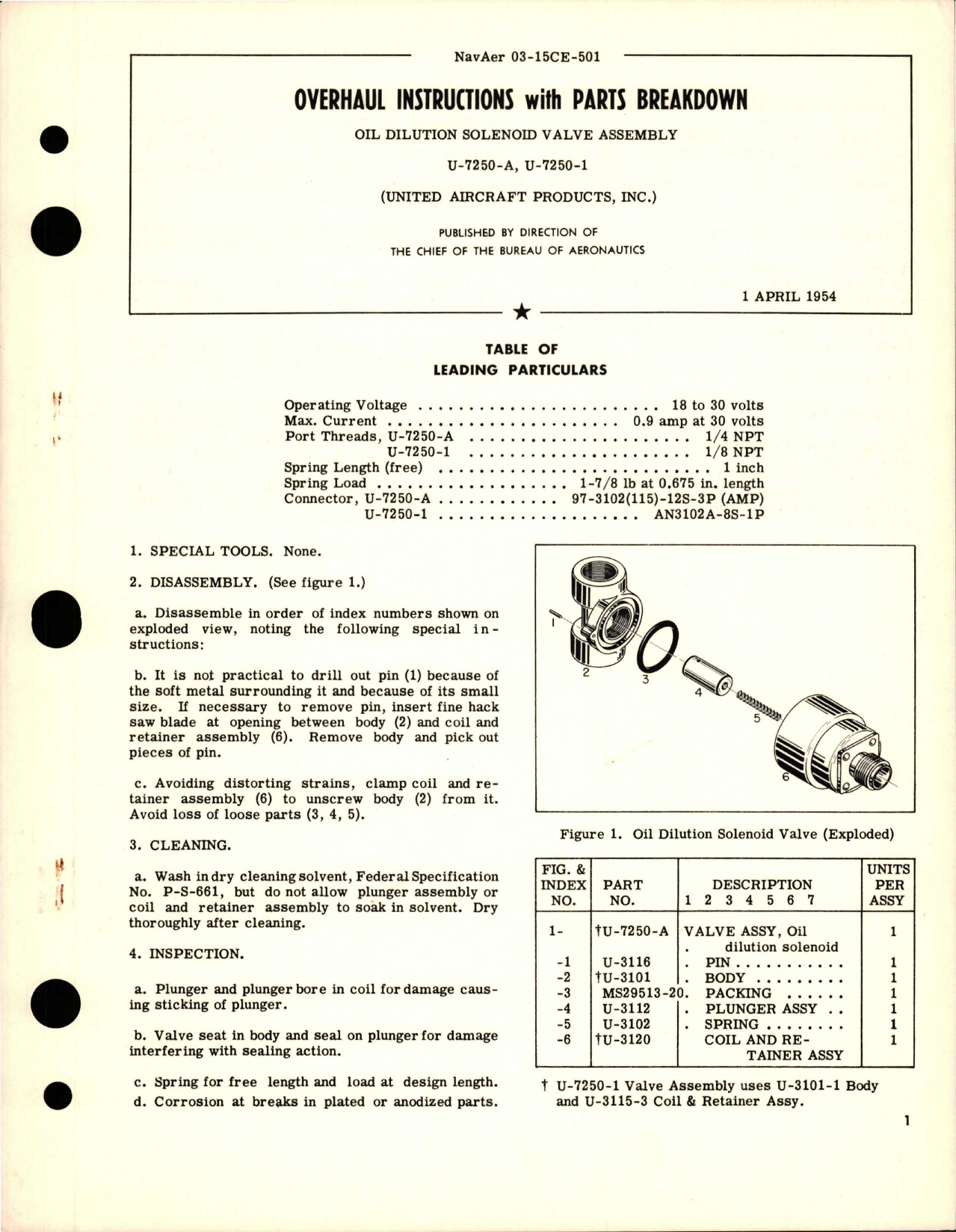 Sample page 1 from AirCorps Library document: Overhaul Instructions with Parts Breakdown for Oil Dilution Solenoid Valve Assembly - U-7250-A and U-7250-1