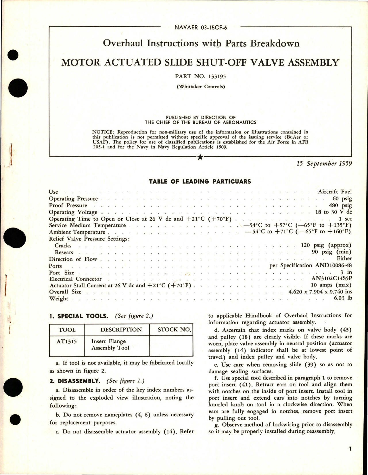 Sample page 1 from AirCorps Library document: Overhaul Instructions with Parts Breakdown for Motor Actuated Slide Shut-Off Valve Assembly - Part 133195 