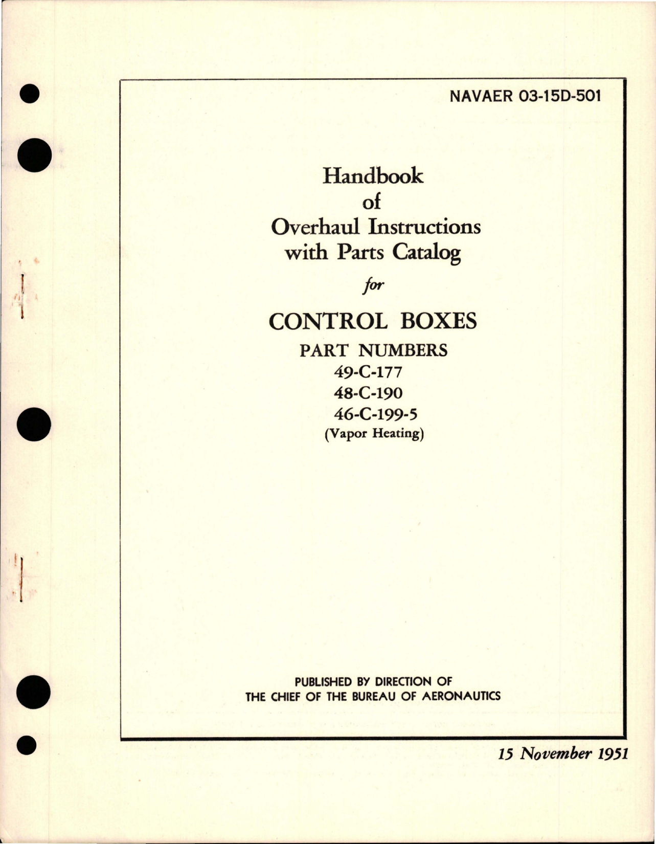 Sample page 1 from AirCorps Library document: Overhaul Instructions with Parts Catalog for Control Boxes - Parts 49-C-177, 48-C-190, 46-C-199-5