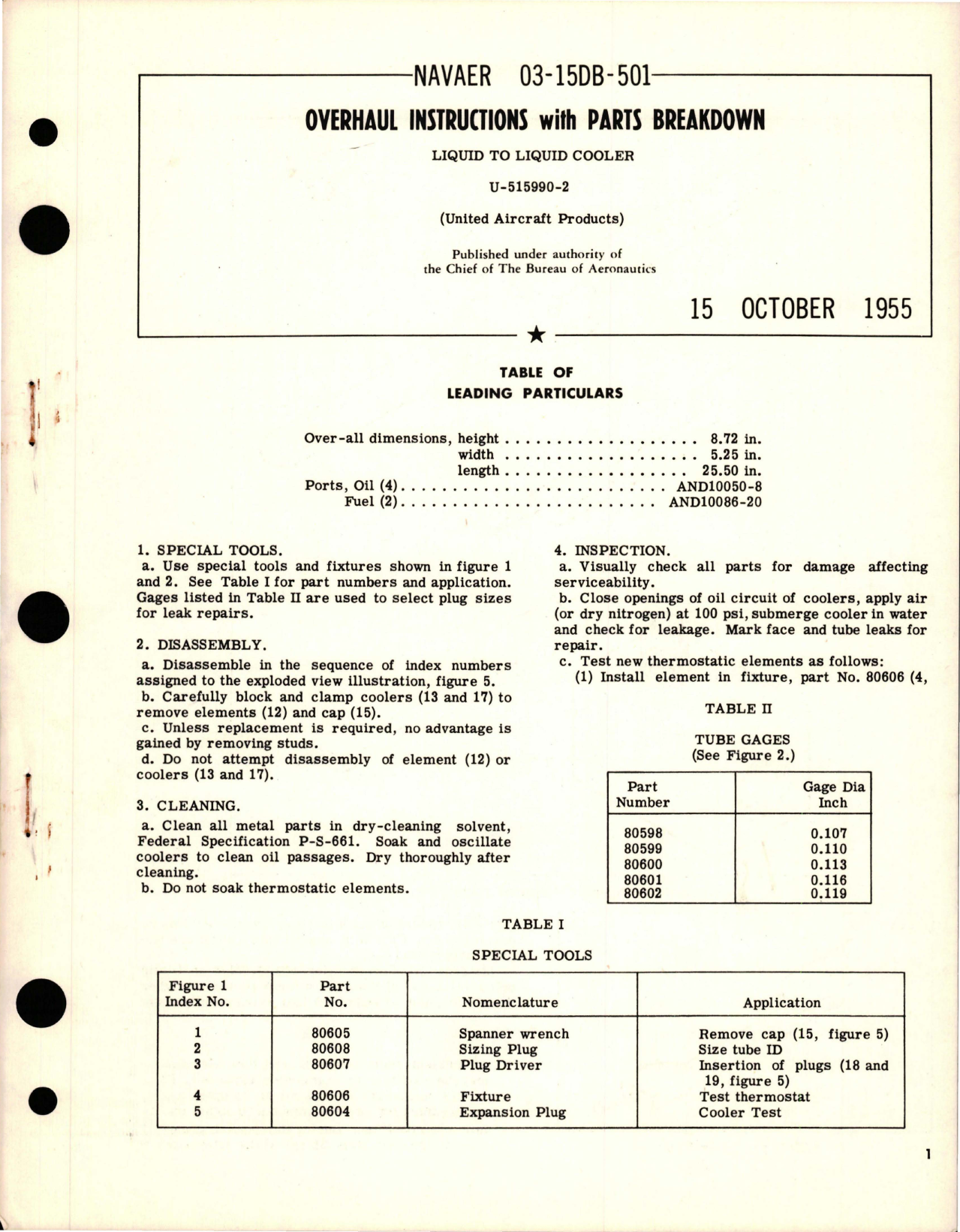Sample page 1 from AirCorps Library document: Overhaul Instructions with Parts Breakdown for Liquid to Liquid Cooler - U-515990-2