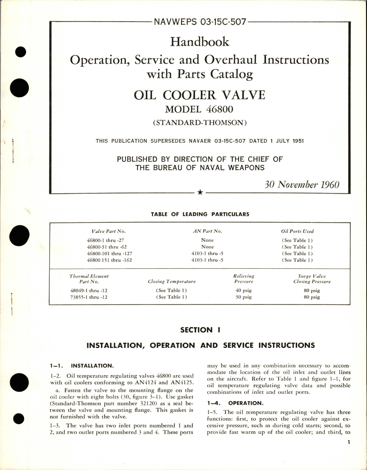 Sample page 1 from AirCorps Library document: Operation, Service and Overhaul Instructions with Parts Catalog for Oil Cooler Valve - Model 46800