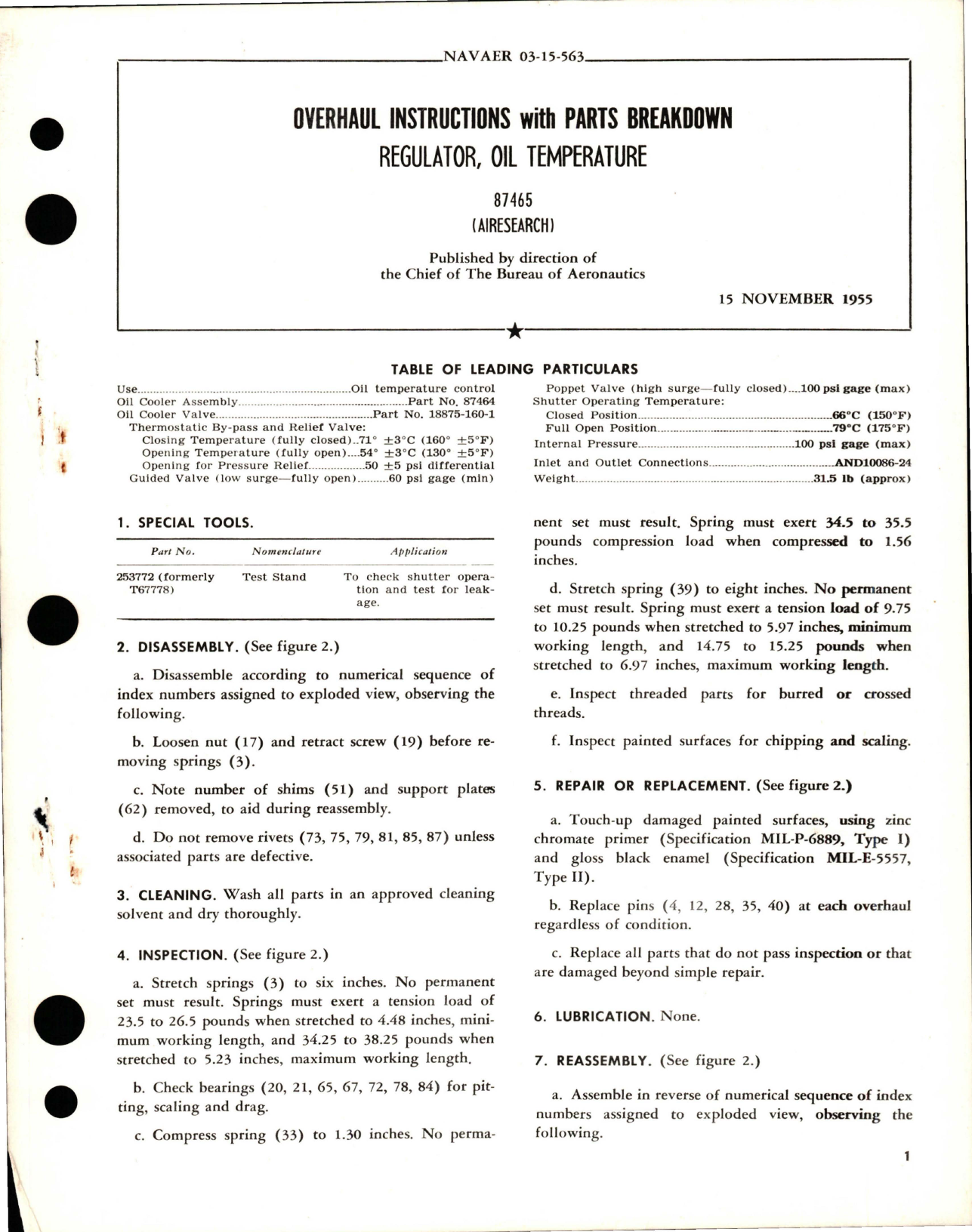 Sample page 1 from AirCorps Library document: Overhaul Instructions with Parts Breakdown for Oil Temperature Regulator - 87465