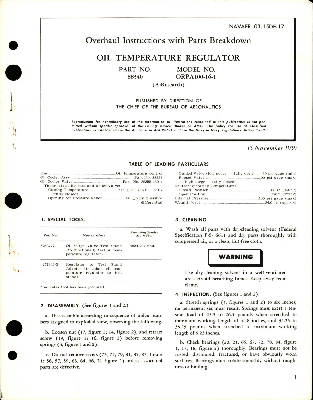 Sample page 1 from AirCorps Library document: Overhaul Instructions with Parts Breakdown for Oil Temperature Regulator - Part 88340 - Model ORPA100-16-1