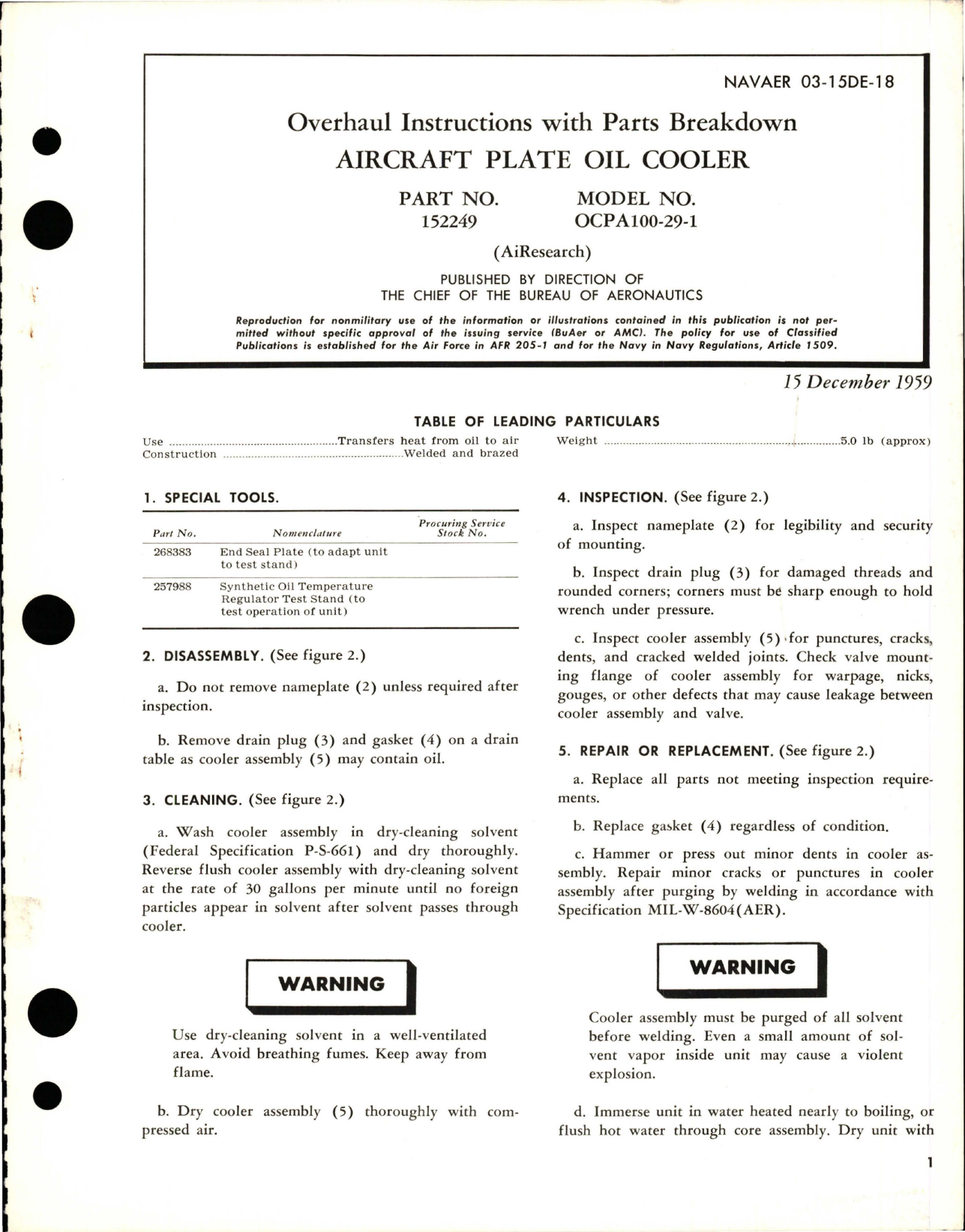Sample page 1 from AirCorps Library document: Overhaul Instructions with Parts Breakdown for Aircraft Plate Oil Cooler - Part 152249 - Model OCPA100-29-1