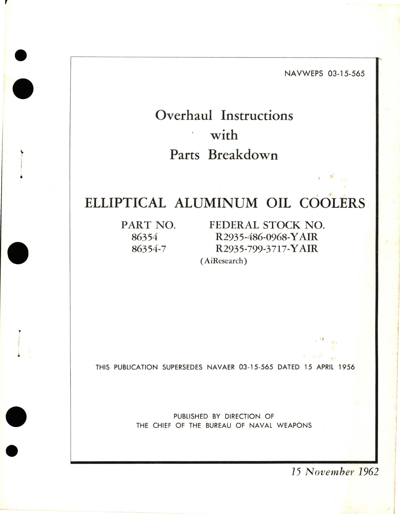 Sample page 1 from AirCorps Library document: Overhaul Instructions Parts Breakdown for Elliptical Aluminum Oil Coolers - Parts 86354 and 96354-7 