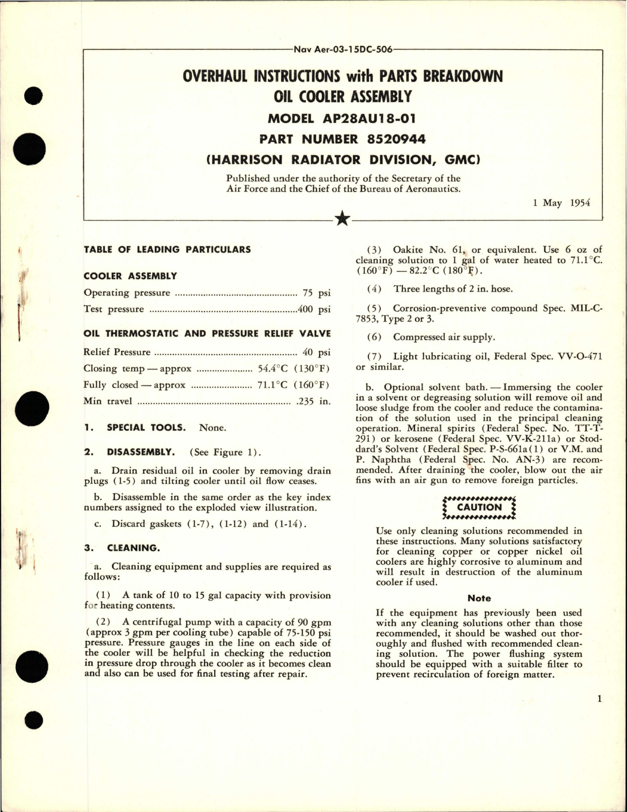 Sample page 1 from AirCorps Library document: Overhaul Instructions with Parts for Oil Cooler Assembly - Model AP28AU18-01 - Part 8520944 