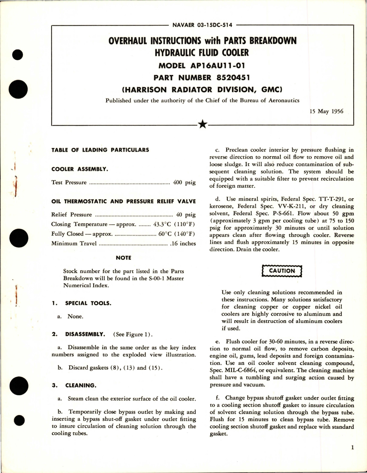 Sample page 1 from AirCorps Library document: Overhaul Instructions with Parts for Hydraulic Fluid Cooler - Model AP16AU11-01 - Part 8520451