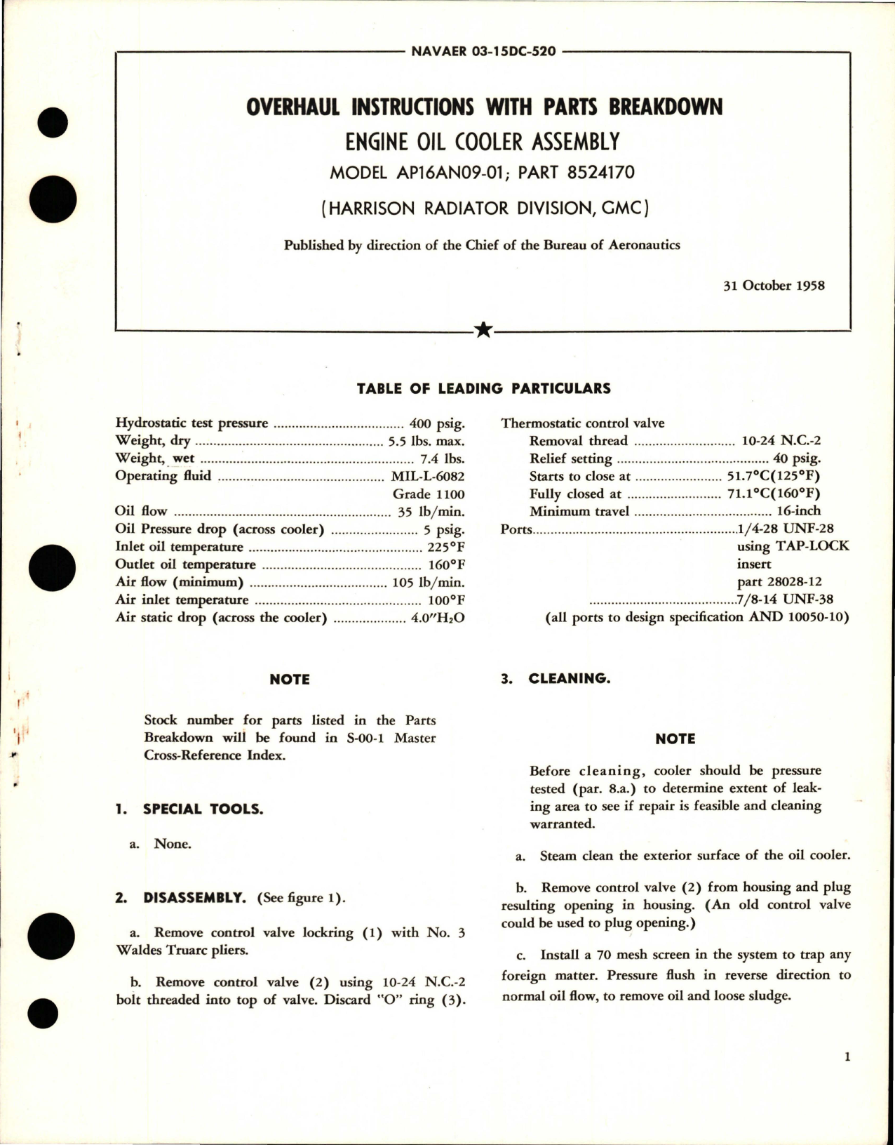 Sample page 1 from AirCorps Library document: Overhaul Instructions with Parts for Engine Oil Cooler Assembly - Model AP16AN09-01 - Part 8524170