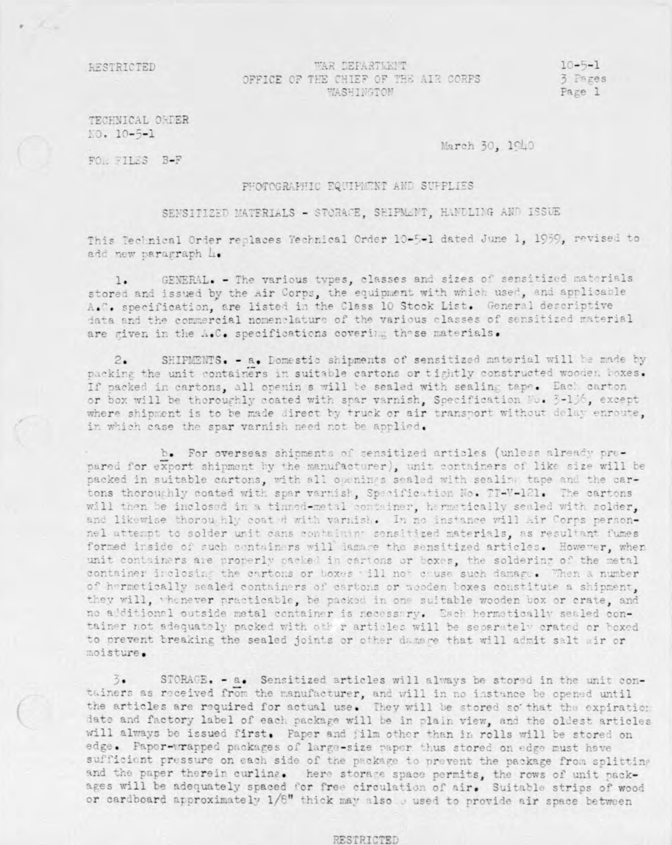 Sample page 1 from AirCorps Library document: Photographic Equipment and Supplies – Sensitized Materials, Storage, Shipment, Handling and Issue