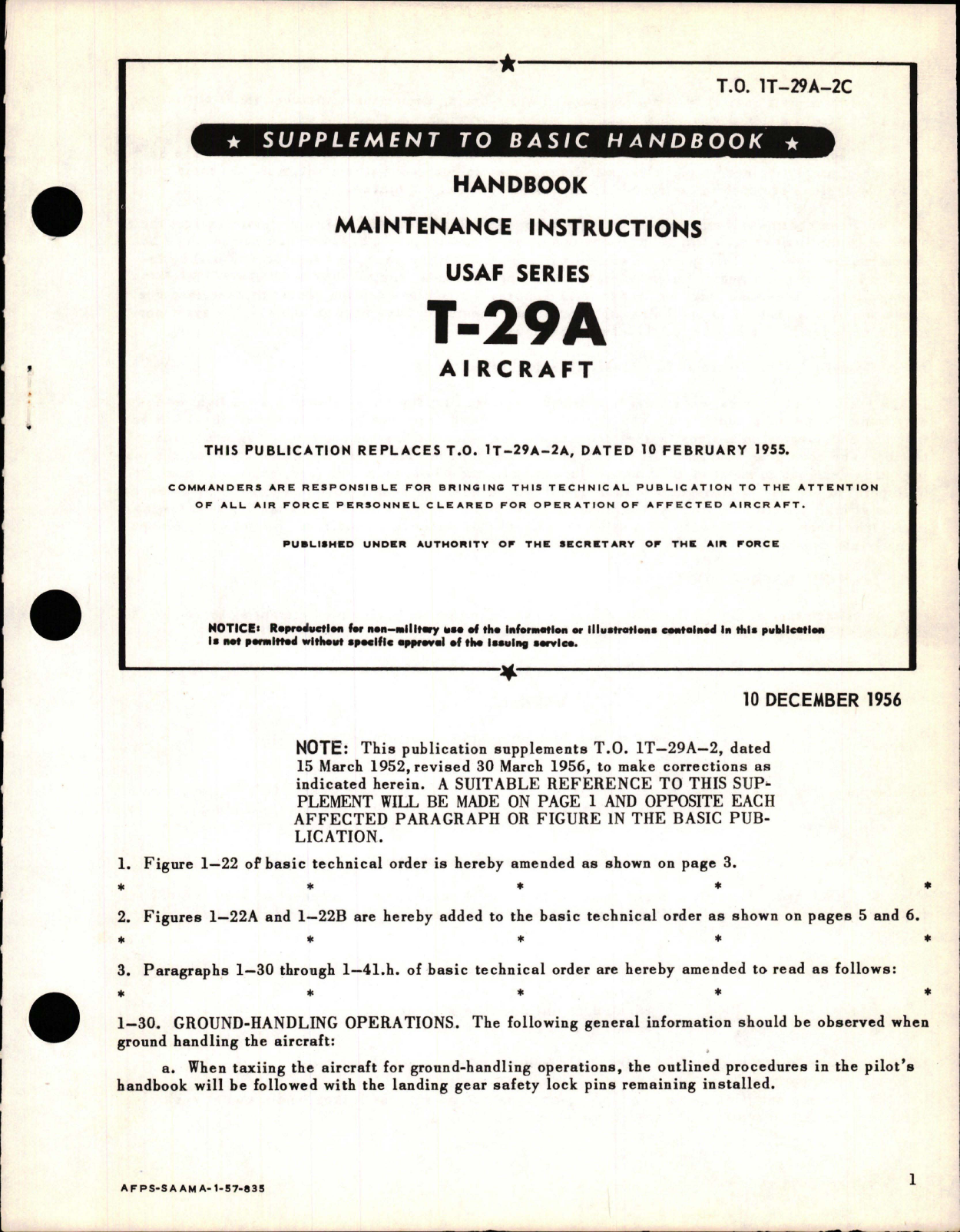 Sample page 1 from AirCorps Library document: Supplement to Maintenance Instructions for T-29A