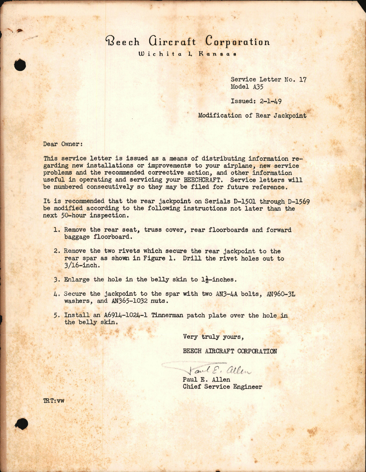 Sample page 1 from AirCorps Library document: Modification of Rear Jackpoint