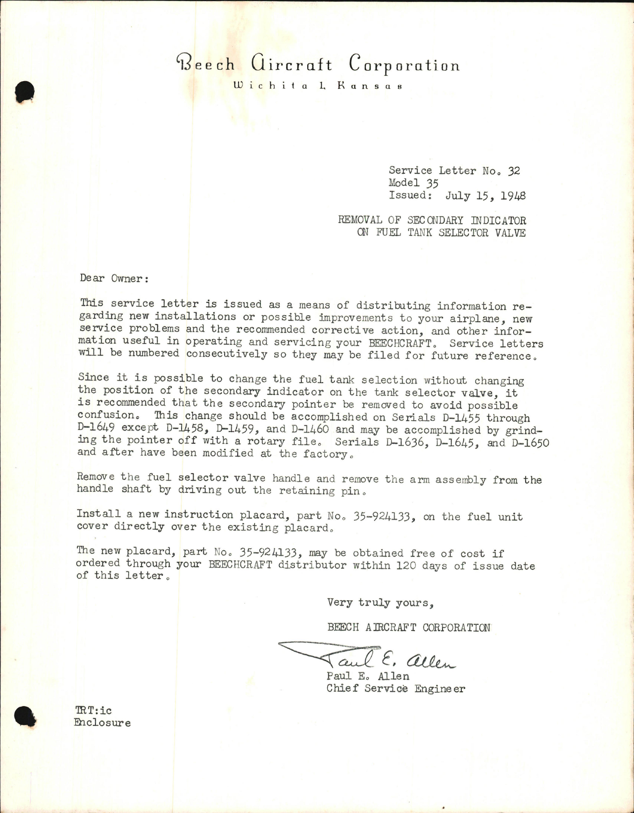 Sample page 1 from AirCorps Library document: Removal of Secondary Indicator on Fuel Tank Selector Valve