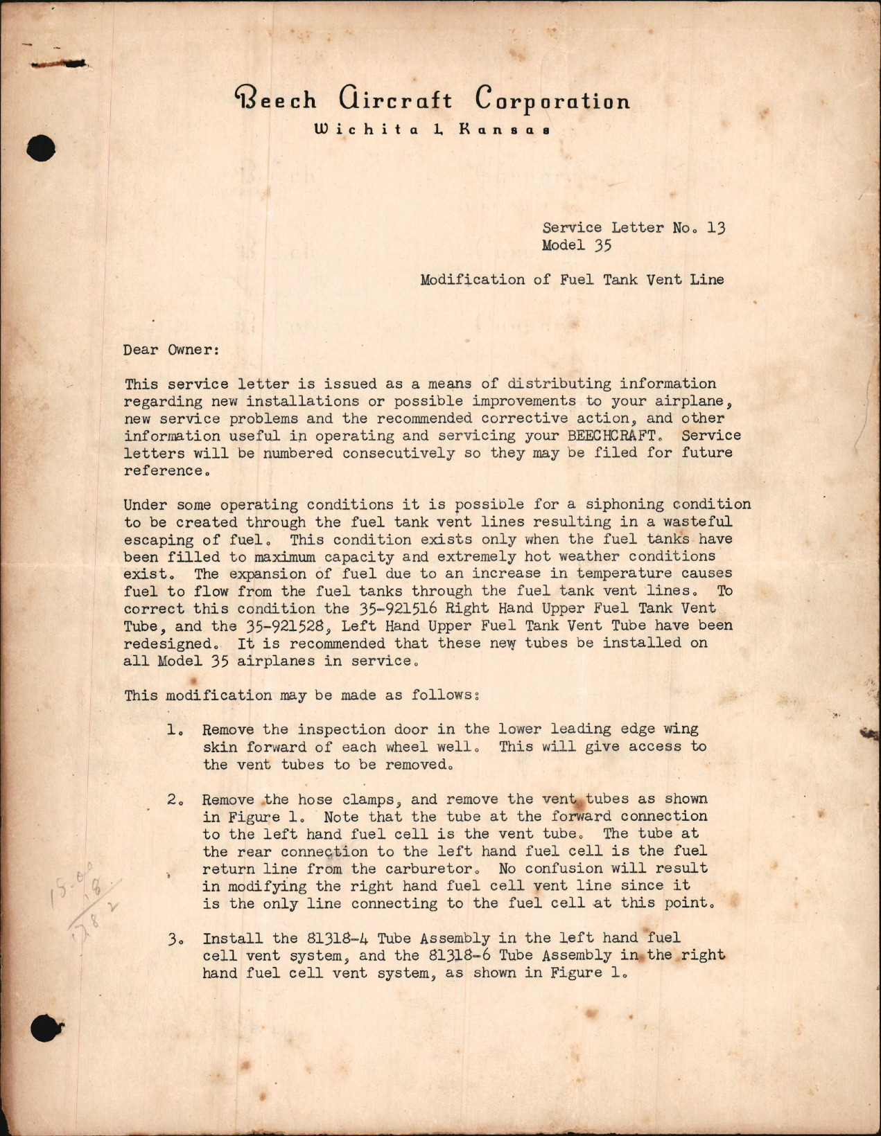 Sample page 1 from AirCorps Library document: Modification of Fuel Tank Vent Line