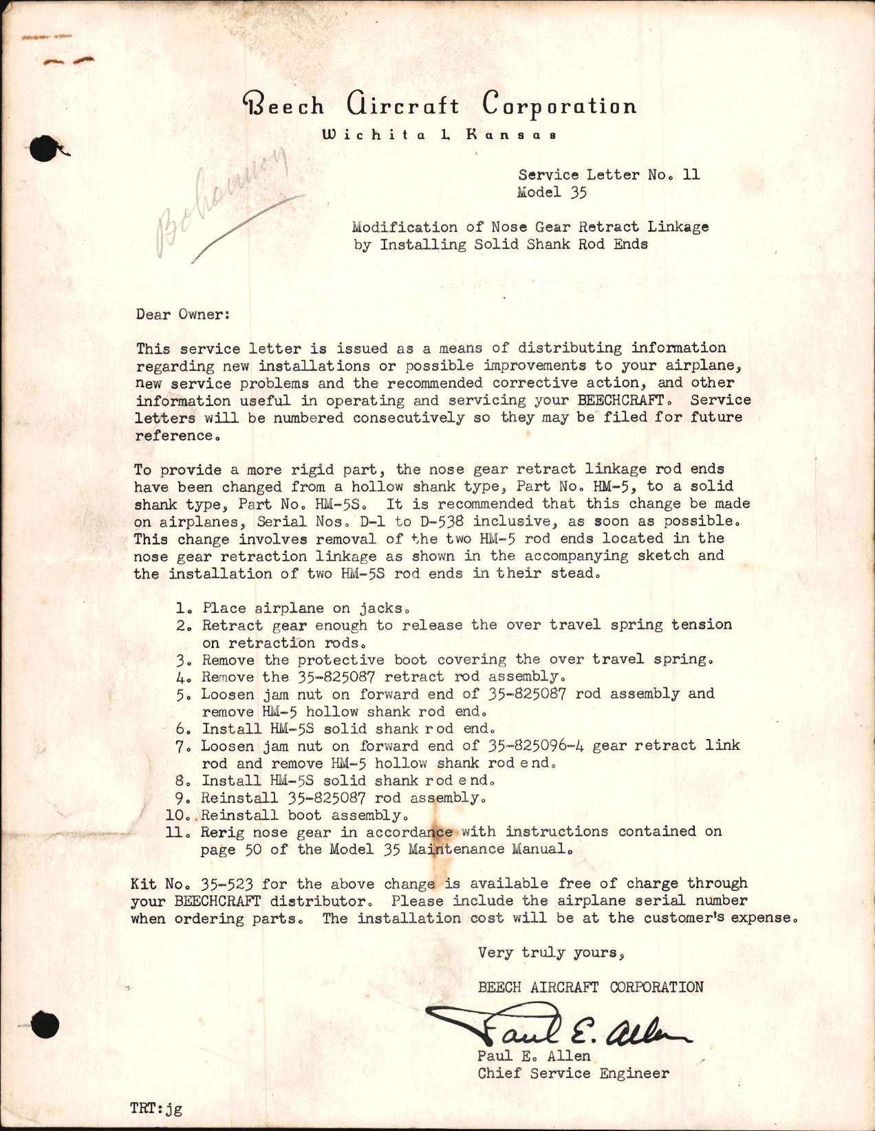 Sample page 1 from AirCorps Library document: Modification of Nose Gear Retract Linkage by Installing Solid Shank Rod Ends