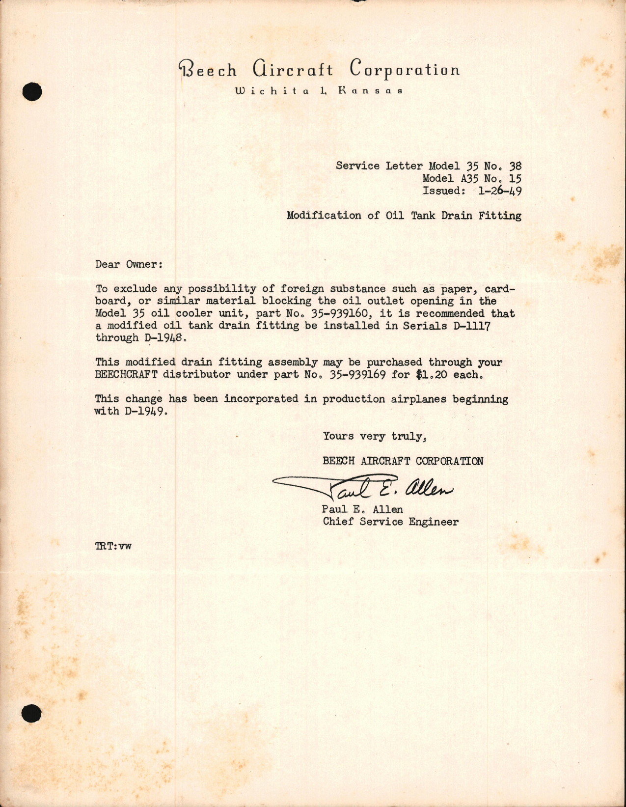 Sample page 1 from AirCorps Library document: Modification of Oil Tank Drain Fitting