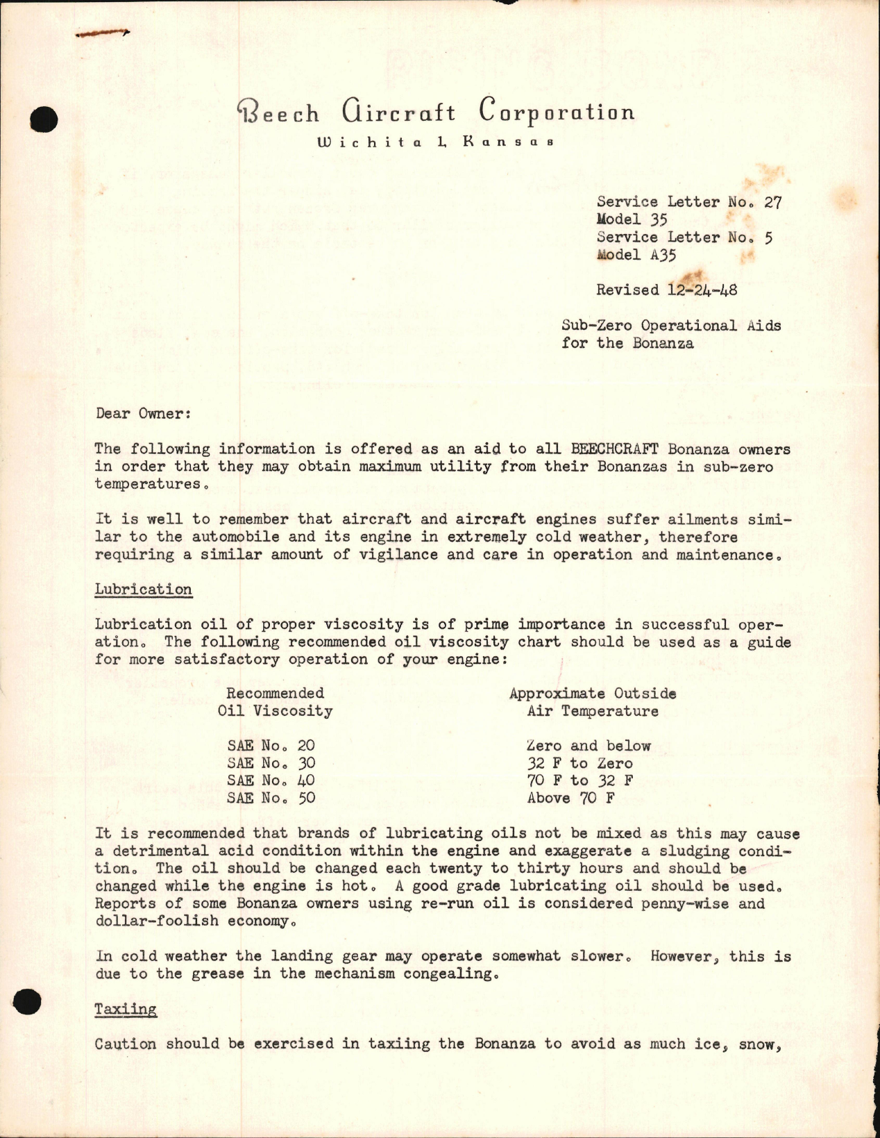 Sample page 1 from AirCorps Library document: Sub-Zero Operational Aids for the Bonanza