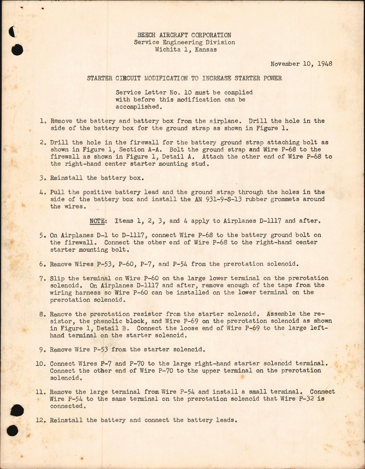 Sample page 1 from AirCorps Library document: Service Letter, Starter Circuit Modification to Increase Starter Power