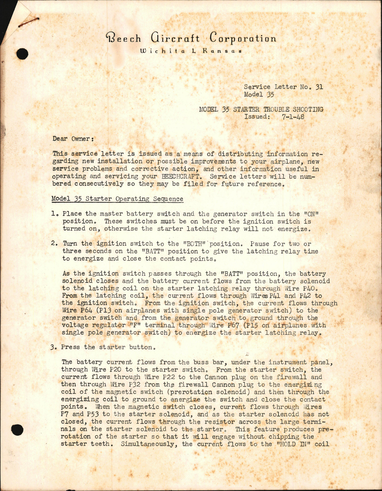 Sample page 1 from AirCorps Library document: Model 35 Starter Troubleshooting