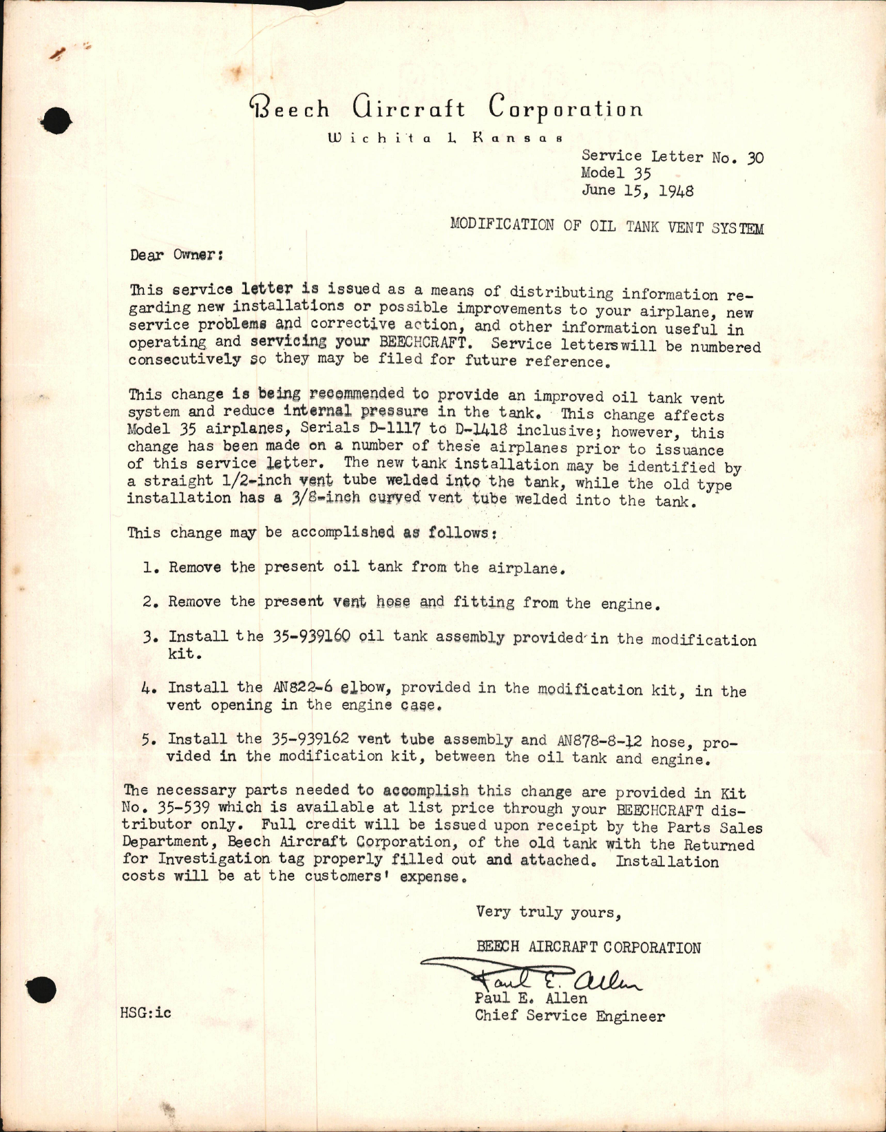 Sample page 1 from AirCorps Library document: Modification of Oil Tank Vent System