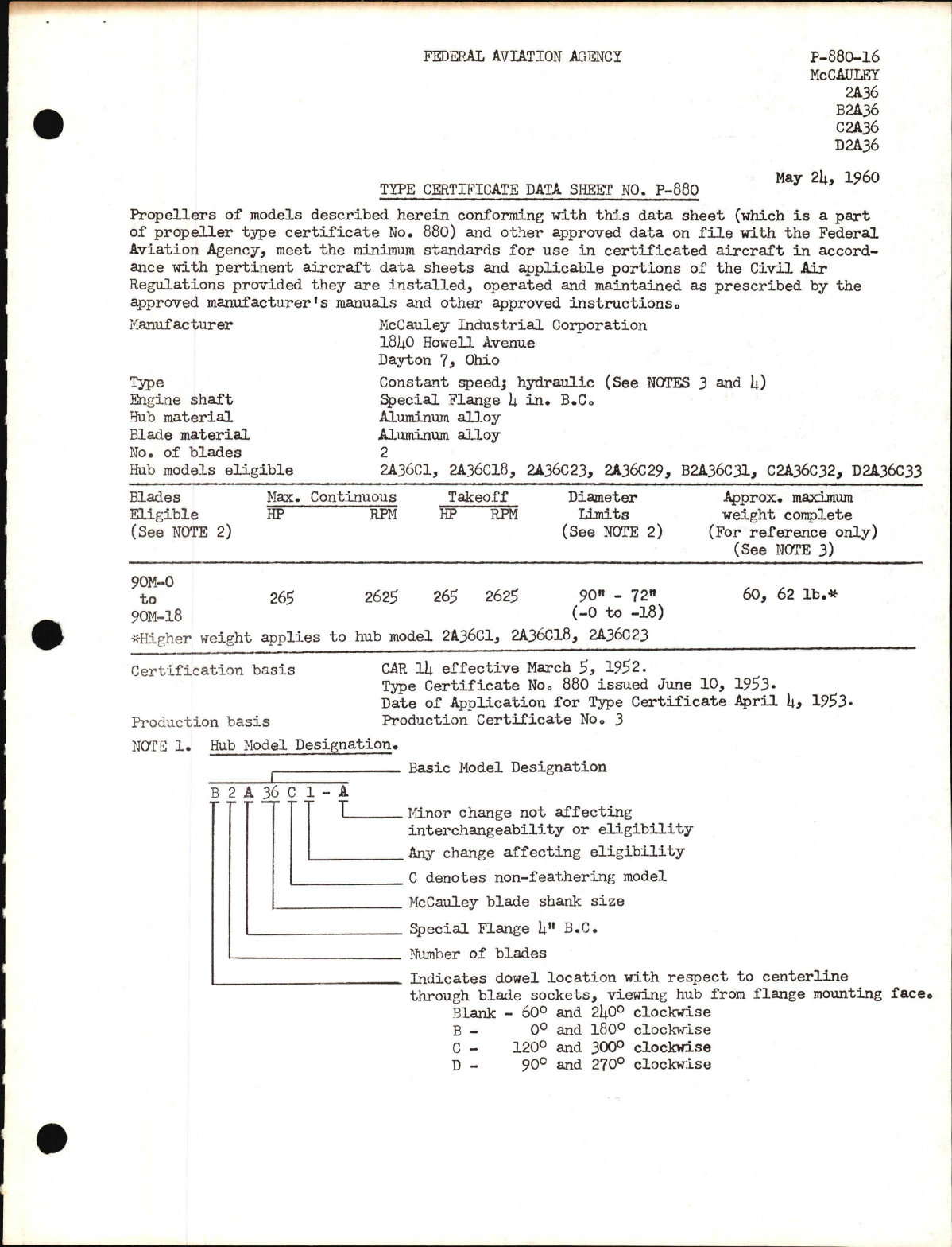 Sample page 1 from AirCorps Library document: 2A36, B2A36, C2A36, and D2A36 - Type Certificate 