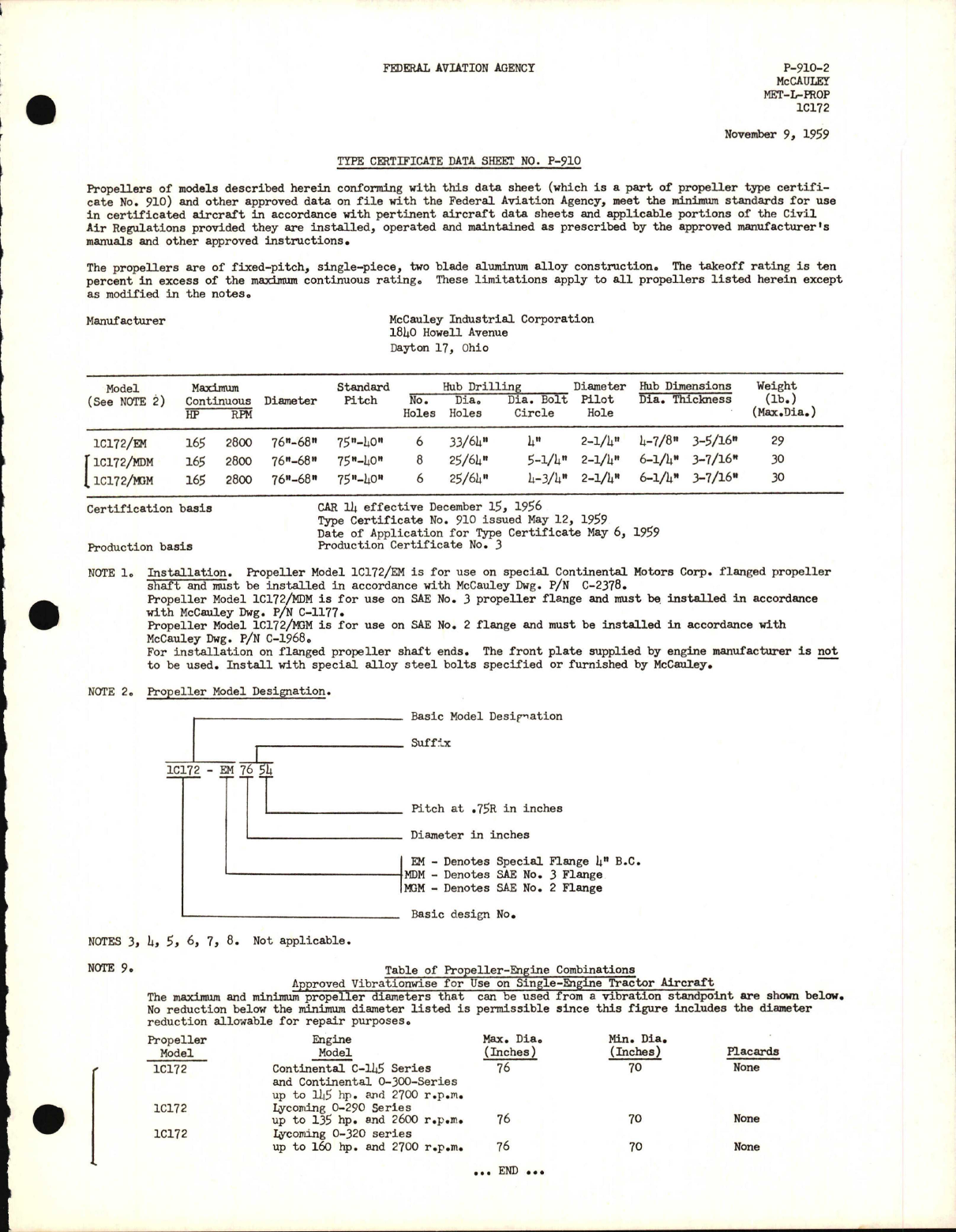 Sample page 1 from AirCorps Library document: 1C172 MET-L-PROP - Type Certificate