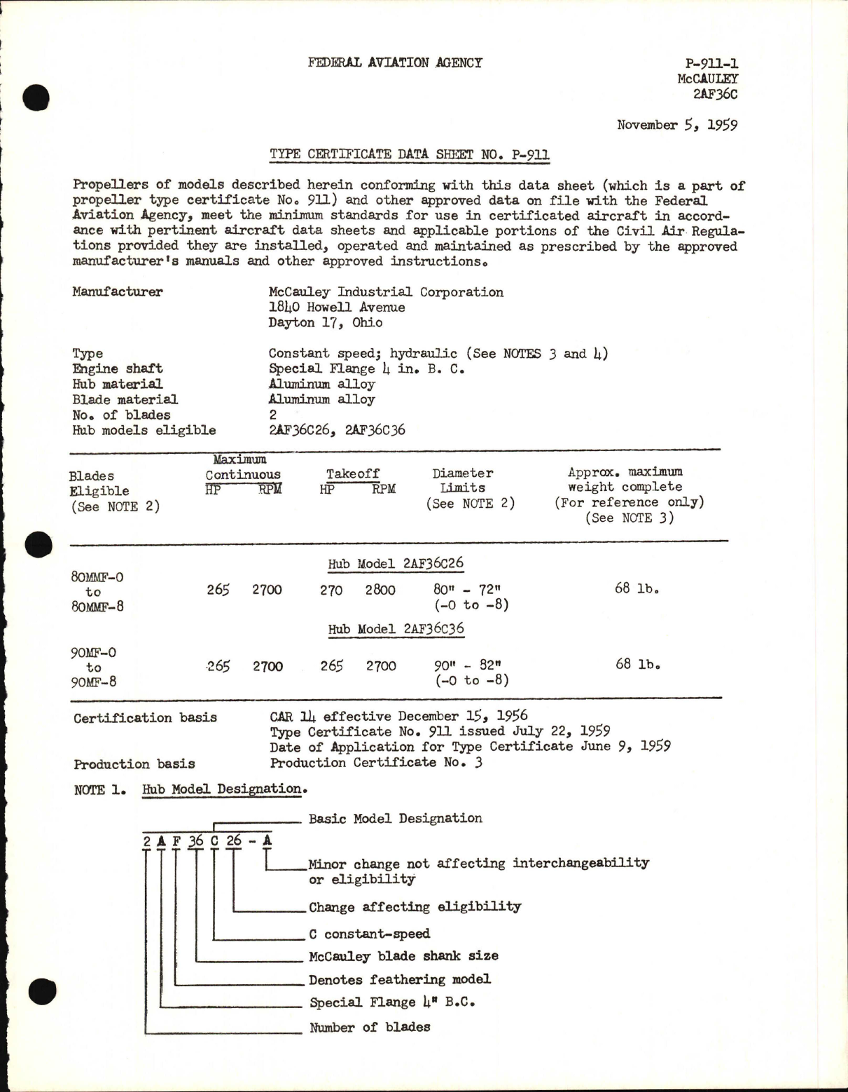 Sample page 1 from AirCorps Library document: 2AF36C - Type Certificate 