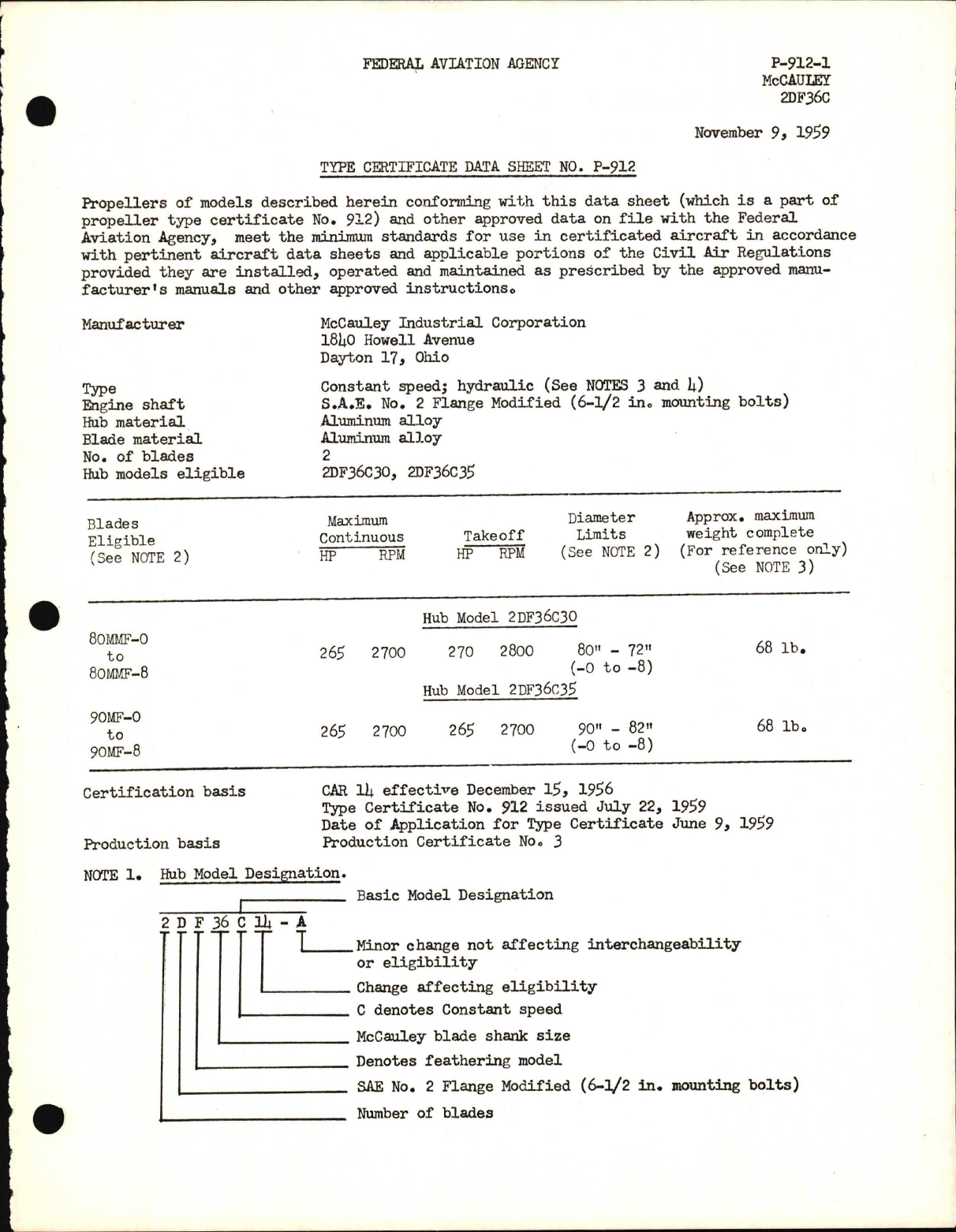 Sample page 1 from AirCorps Library document: 2DF36C - Type Certificate 
