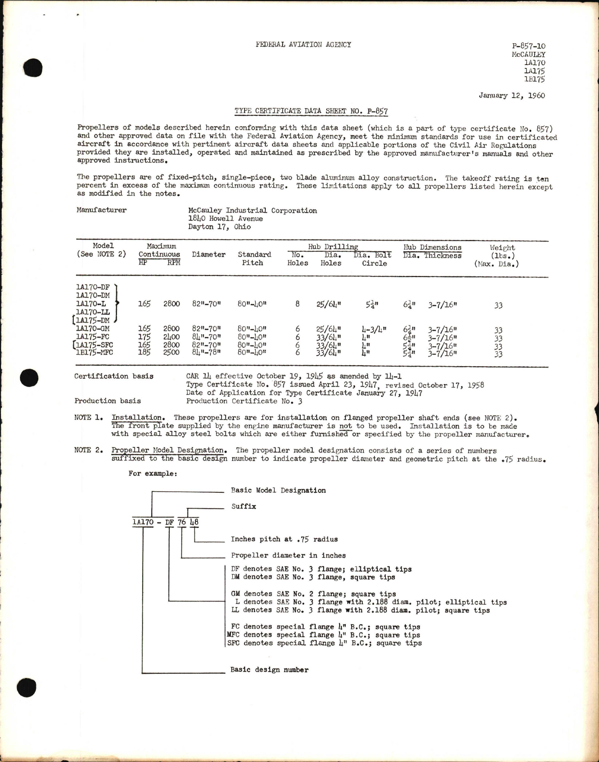 Sample page 1 from AirCorps Library document: 1A170, 1A175, and 1B175 - Type Certificate