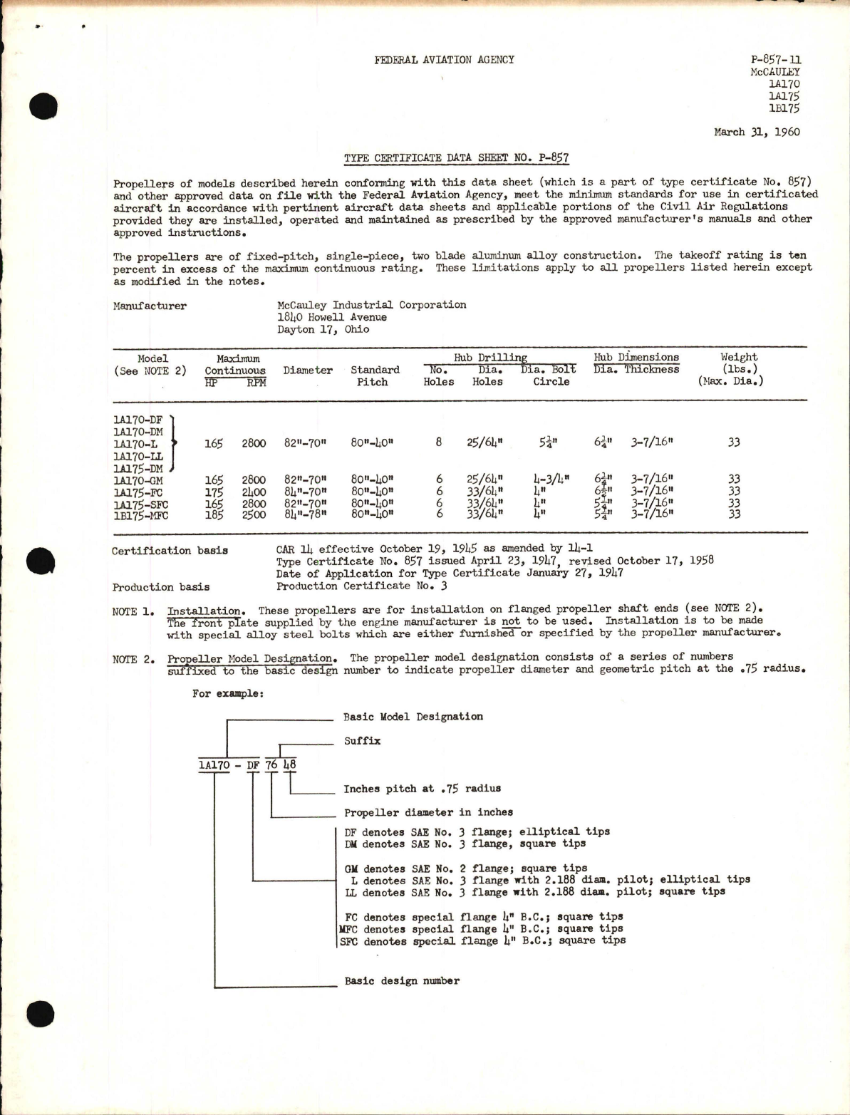 Sample page 1 from AirCorps Library document: 1A170, 1A175, and 1B175 - Type Certificate