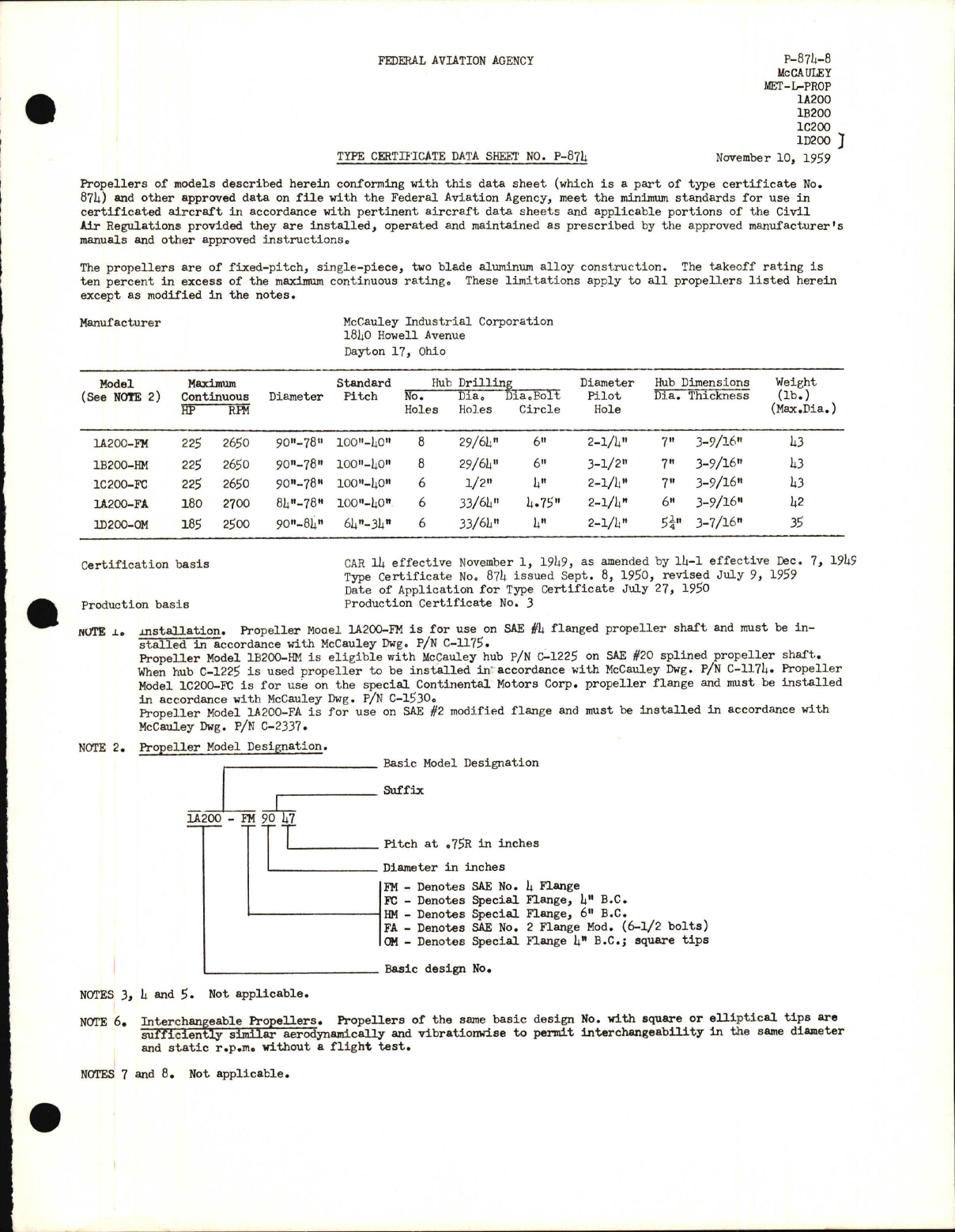 Sample page 1 from AirCorps Library document: 1A200, 1B200, 1C200, and 1D200 MET-L-PROP - Type Certificate